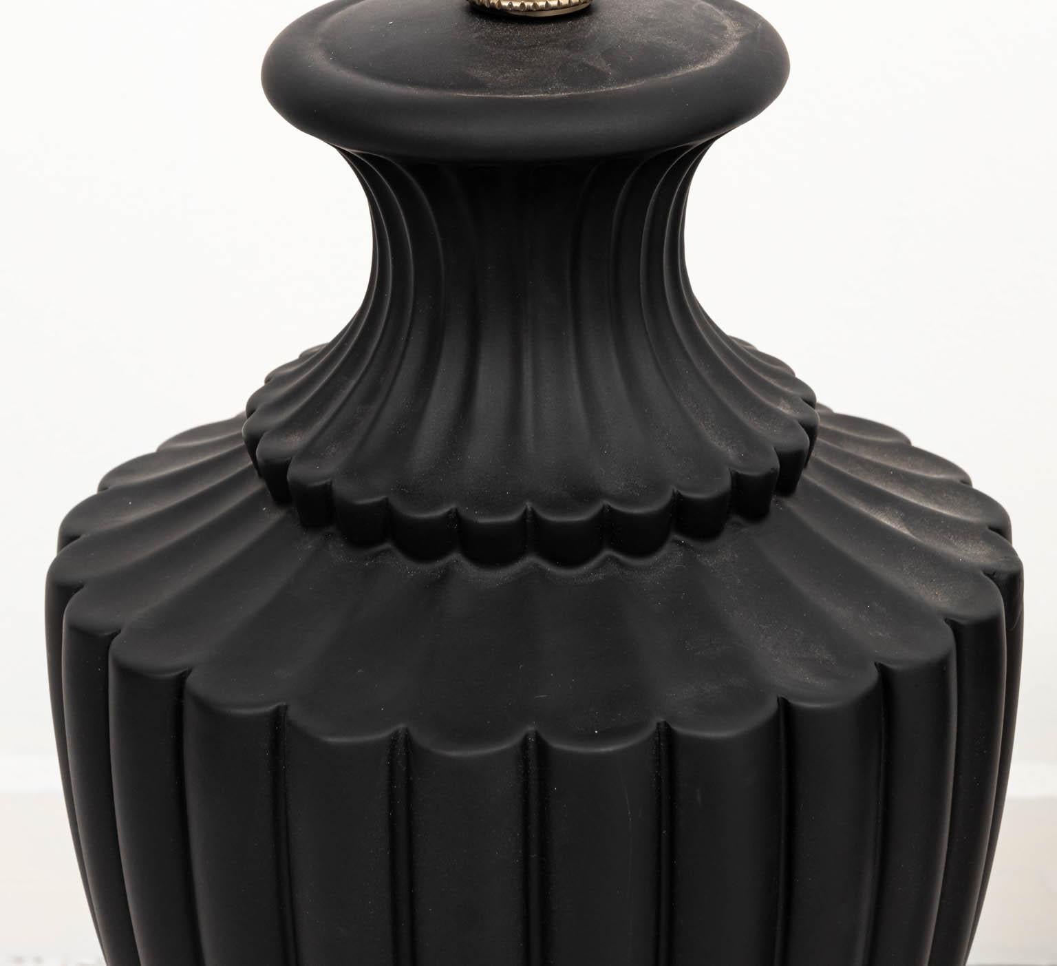 Neoclassical Pair of Wedgewood Style Black Basalt Ware Urn Lamps