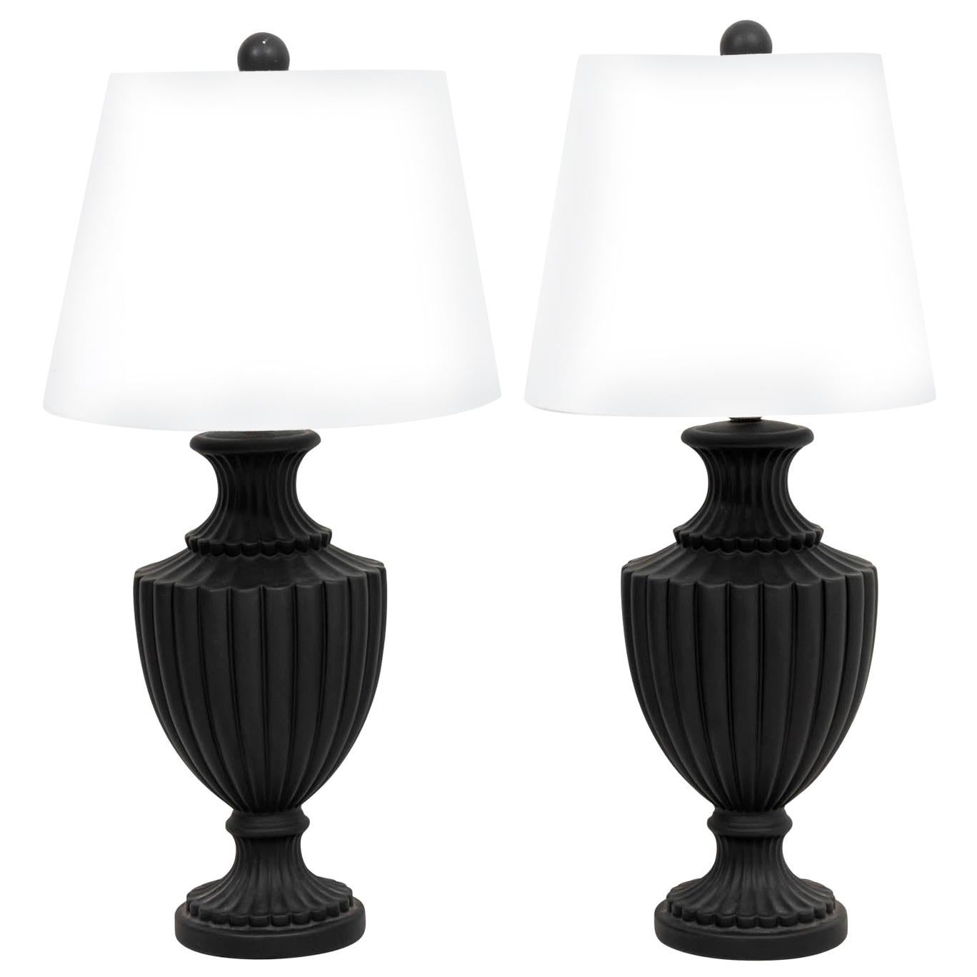 Pair of Wedgewood Style Black Basalt Ware Urn Lamps