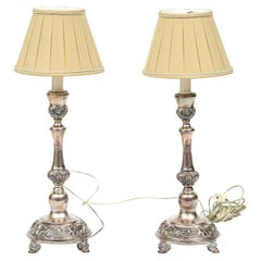 Pair Of Weighted Sterling Silver Candlestick Buffet Lamps With Shades