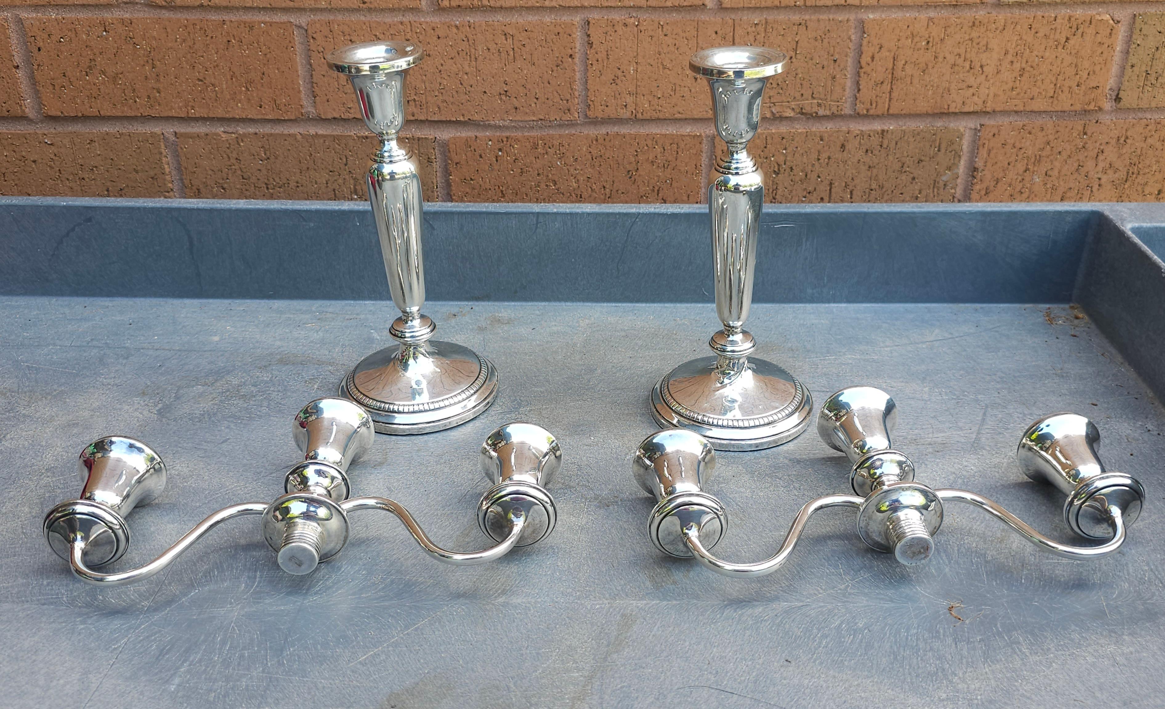 English Pair of Weighted Sterling Silver Convertible Three-Light Cadelabra For Sale