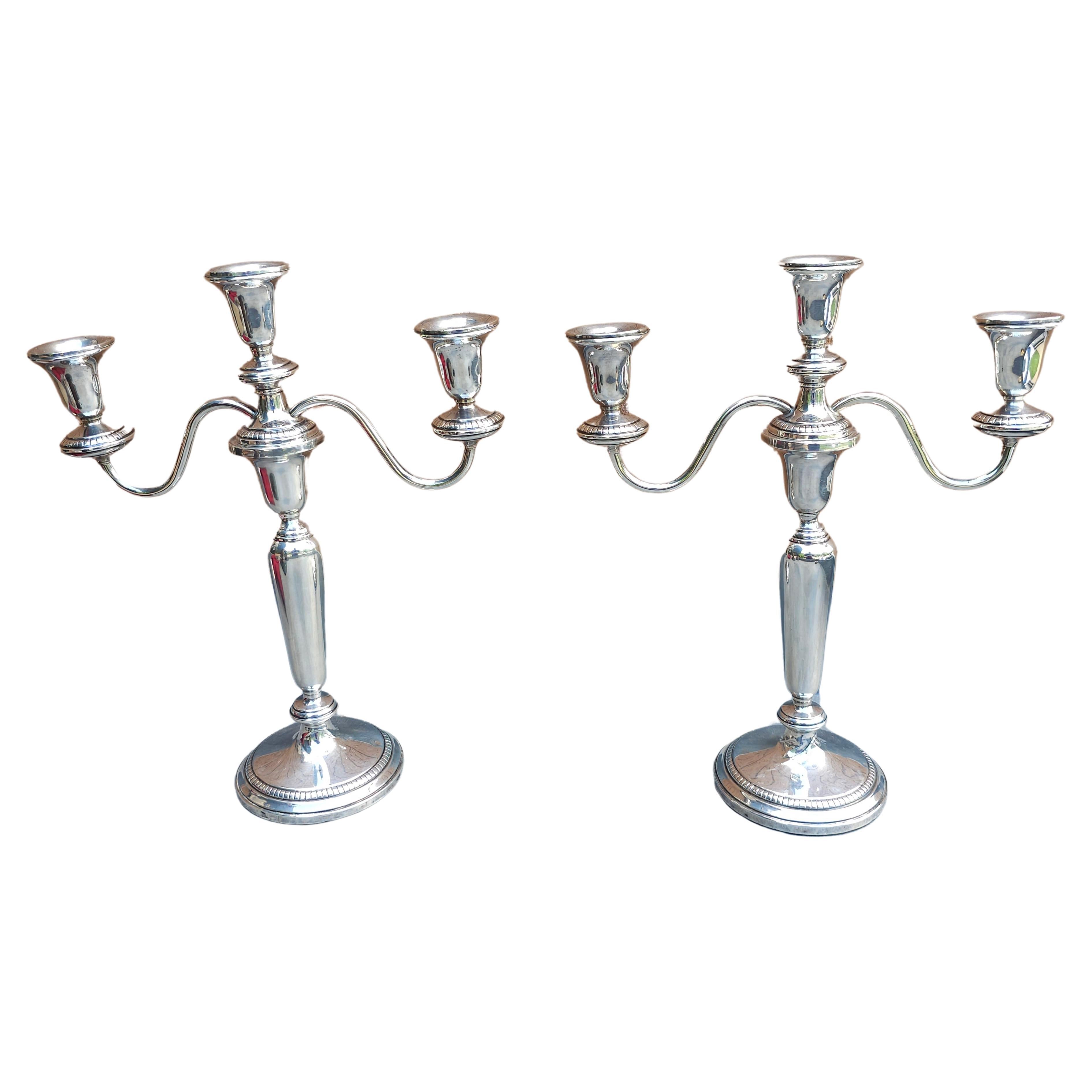 Pair of Weighted Sterling Silver Convertible Three-Light Cadelabra For Sale