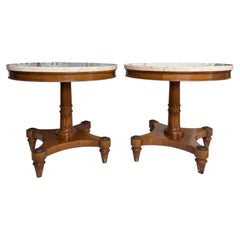 Pair of Weiman "Heirloom" Round Mahogany and Marble Pedestal Side Tables, MCM