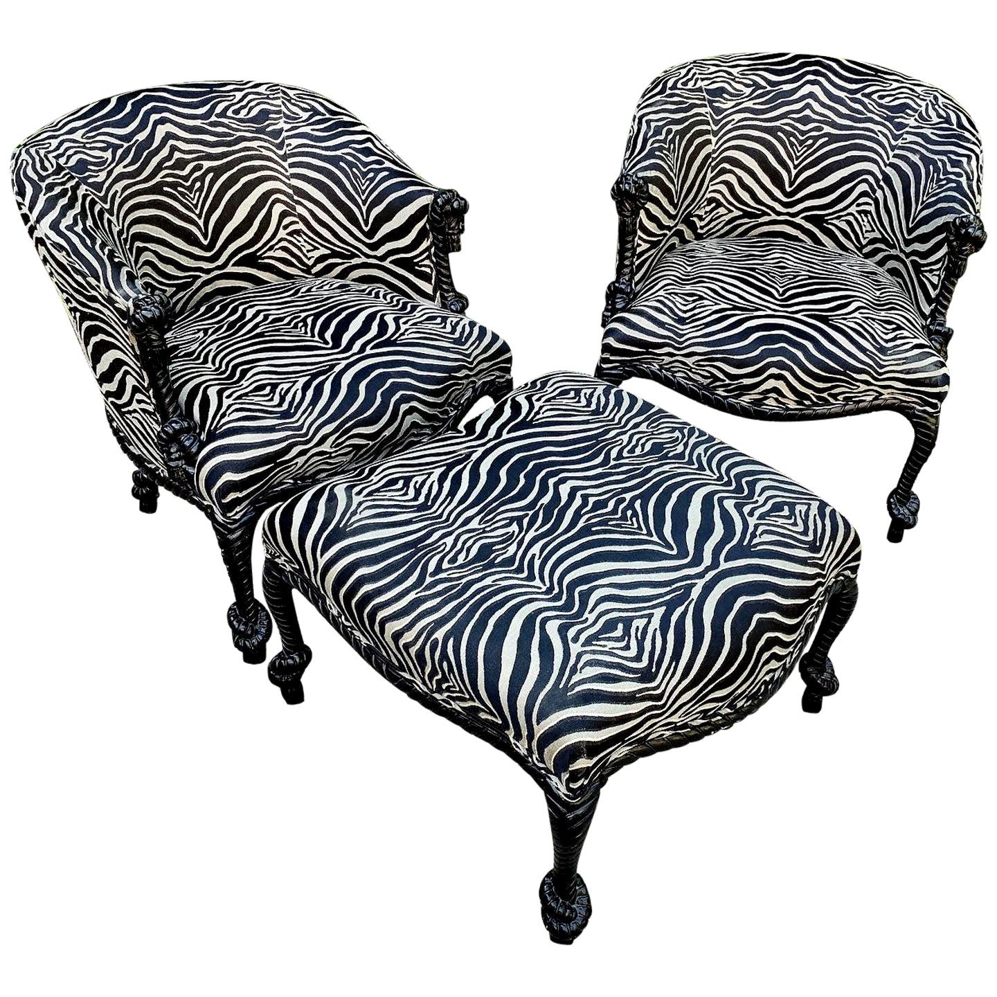 Pair of Weiman Napoleon III Rope Armchairs and Matching Ottoman in Zebra