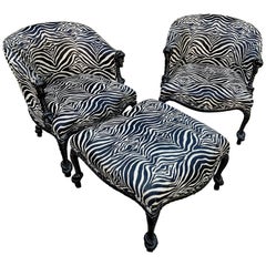 Pair of Weiman Napoleon III Rope Armchairs and Matching Ottoman in Zebra