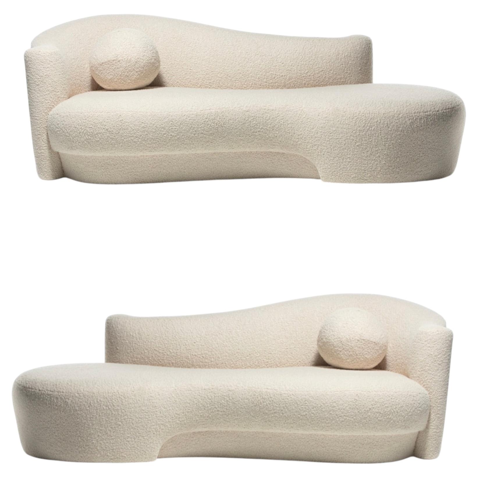 Pair of Weiman Post Modern Chaise Lounges Sofas in Ivory White Bouclé, c. 1990