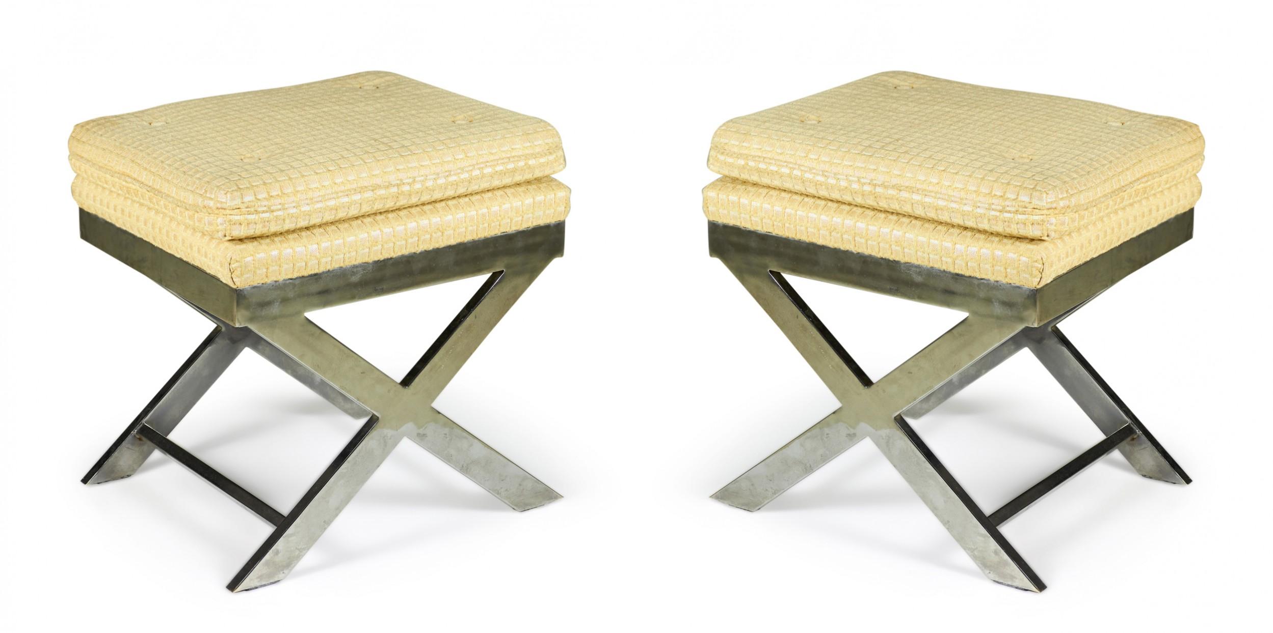 Pair of Weiman-Warren Italian X-Base Yellow and Beige Upholstered Stools For Sale 4