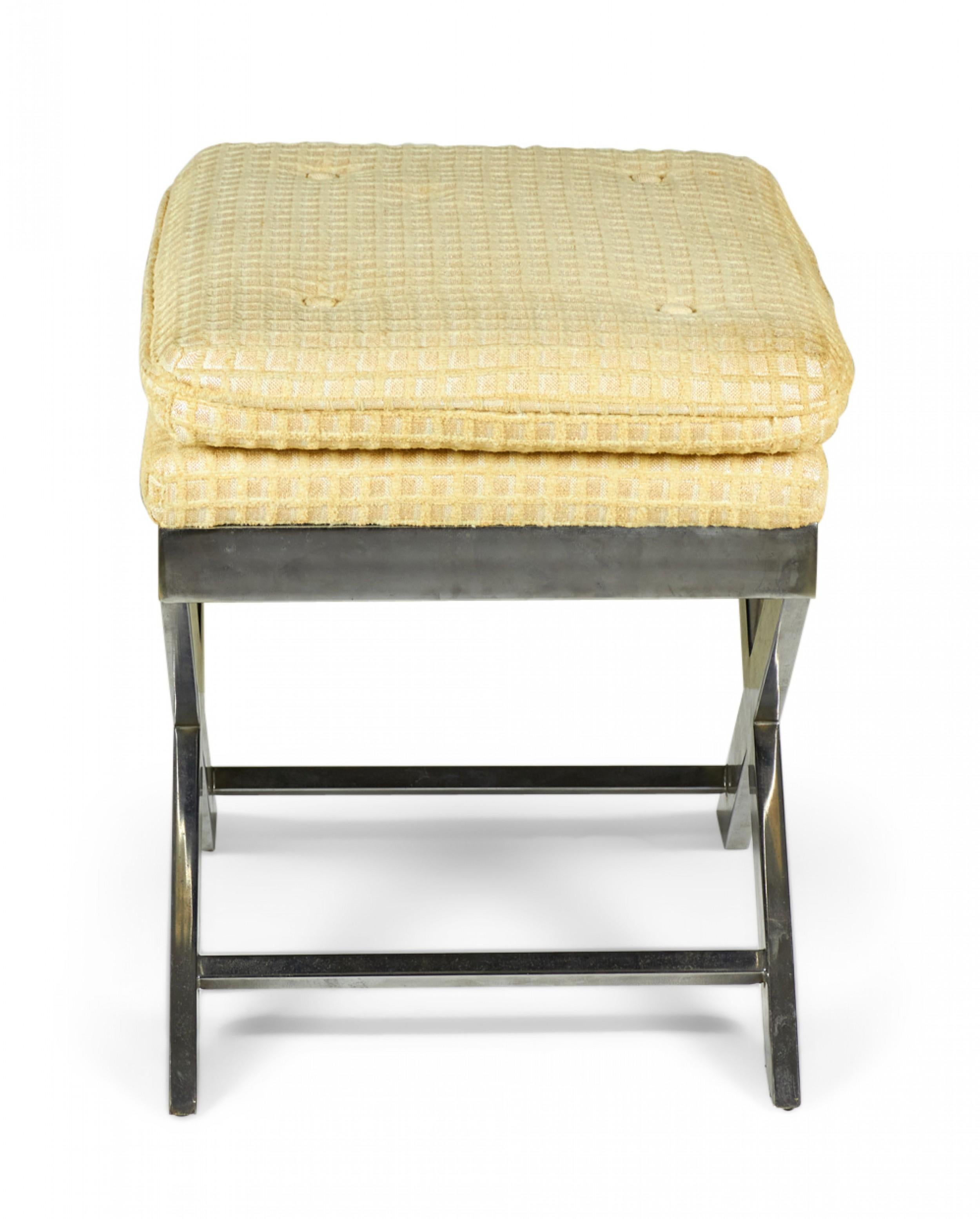 Pair of Italian mid-century (circa 1970) upholstered stools / benches with beige and yellow waffle-patterned upholstered seats atop x-shaped chrome bases. (WEIMAN-WARREN) (PRICED AS PAIR)