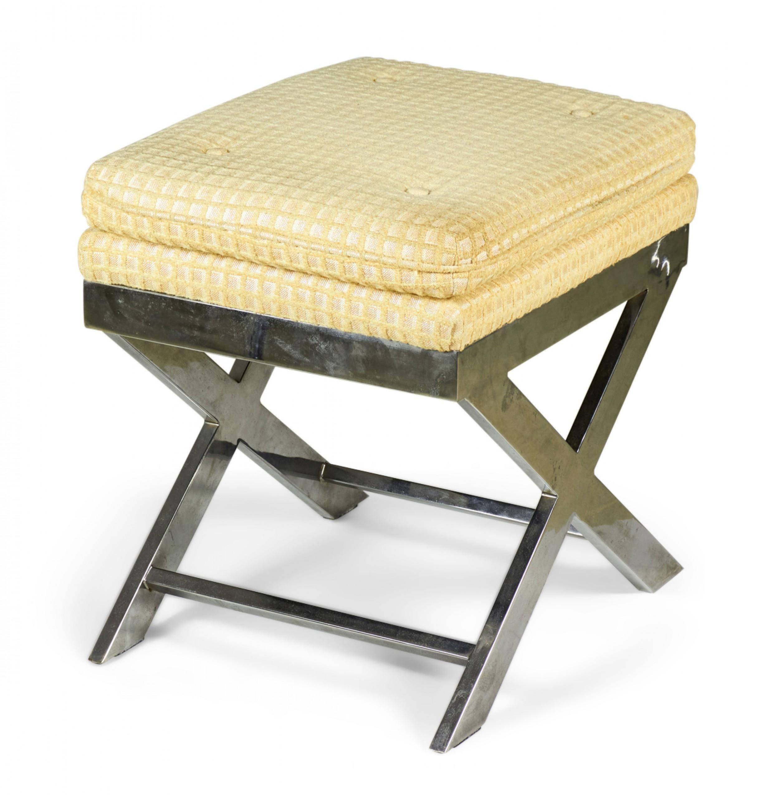 Mid-Century Modern Pair of Weiman-Warren Italian X-Base Yellow and Beige Upholstered Stools For Sale