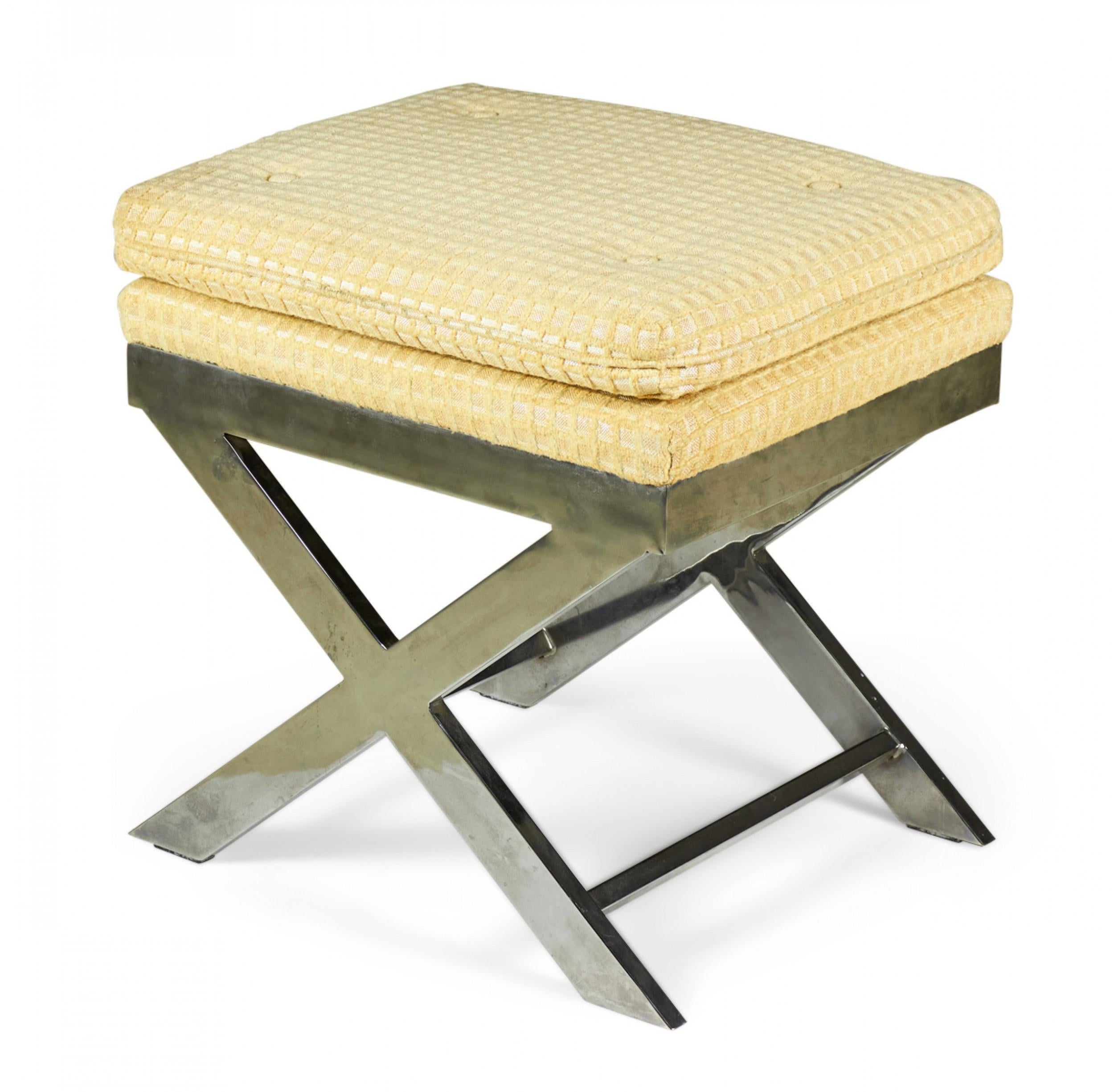 20th Century Pair of Weiman-Warren Italian X-Base Yellow and Beige Upholstered Stools For Sale