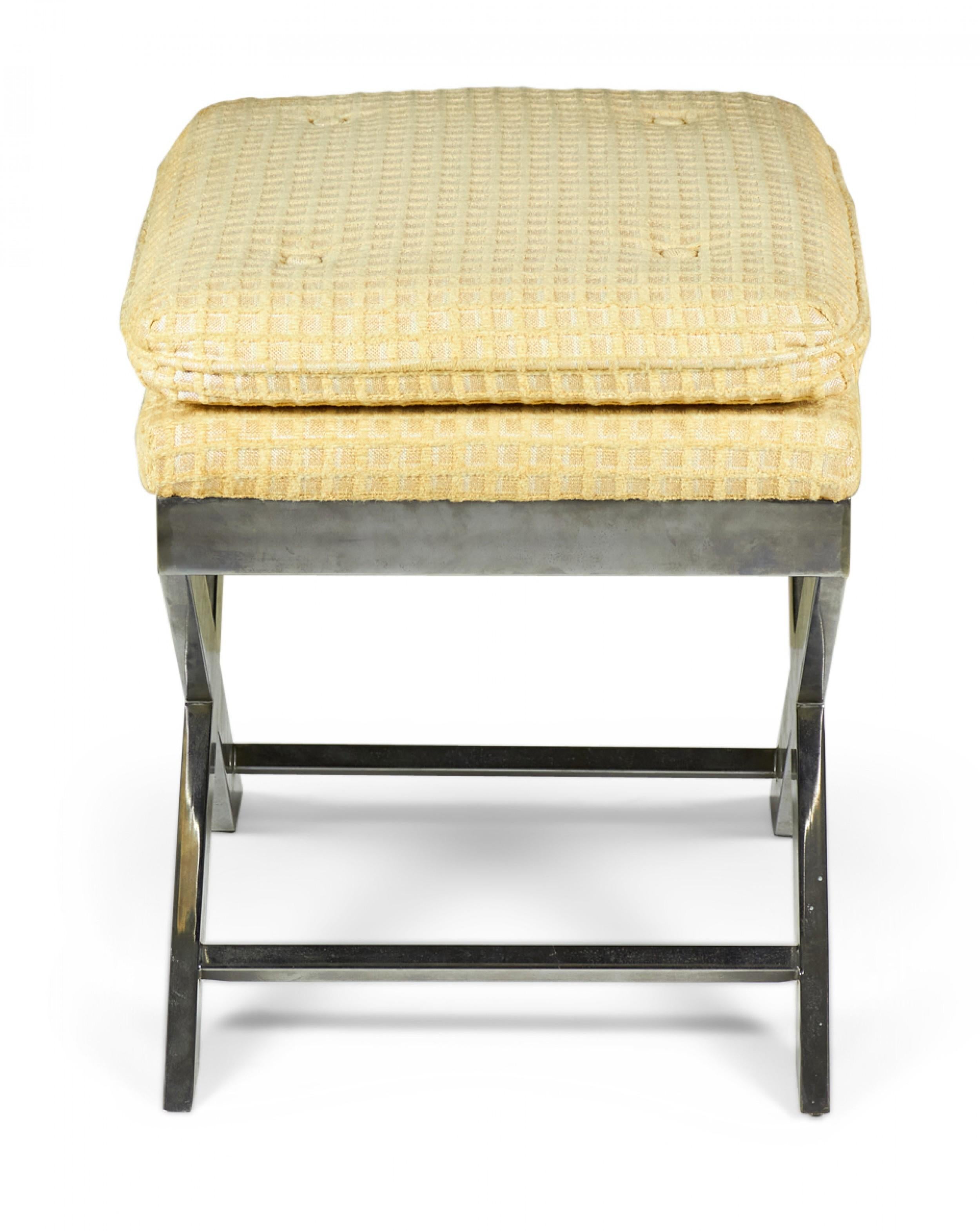 Metal Pair of Weiman-Warren Italian X-Base Yellow and Beige Upholstered Stools For Sale