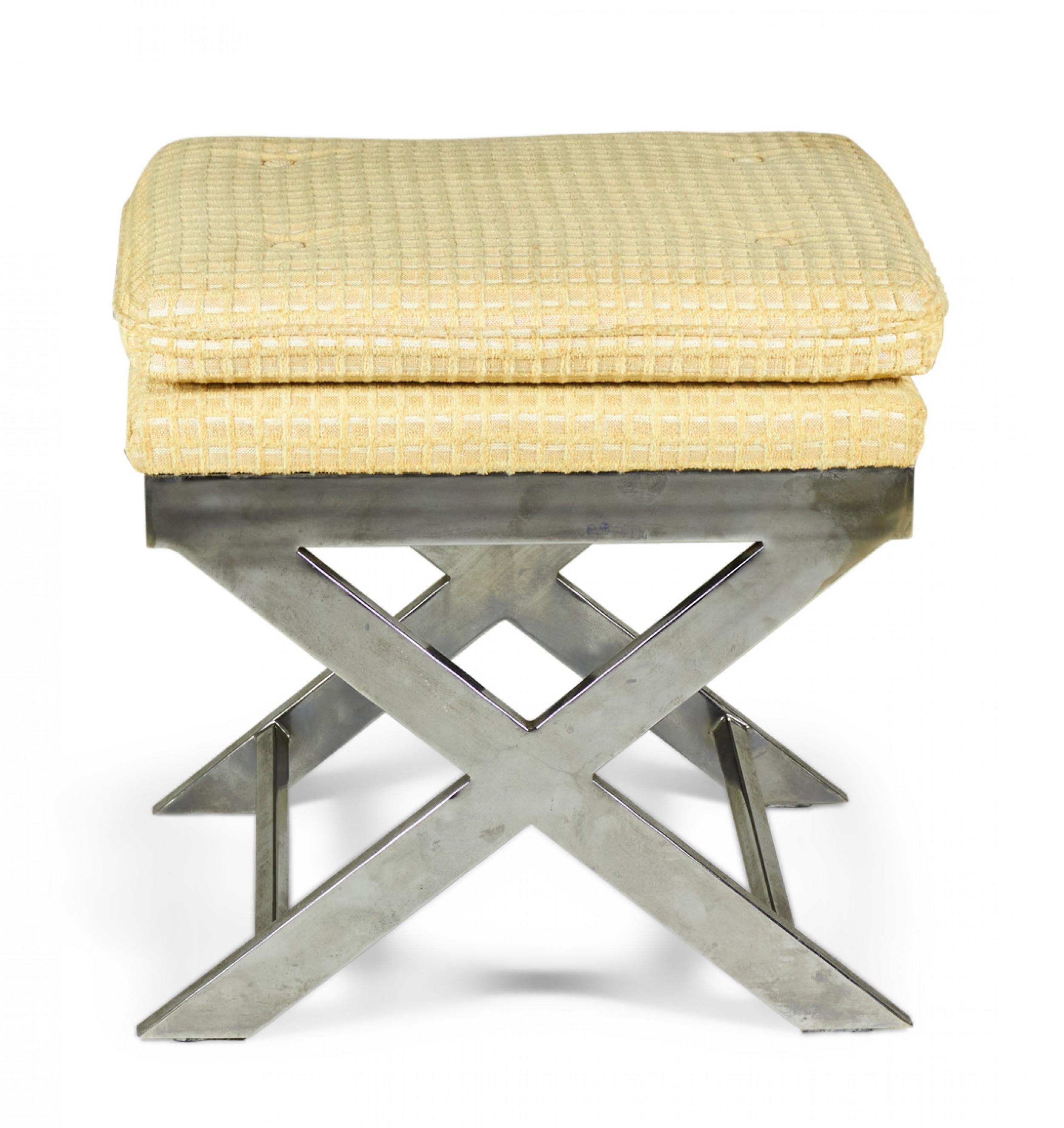 Pair of Weiman-Warren Italian X-Base Yellow and Beige Upholstered Stools For Sale 2