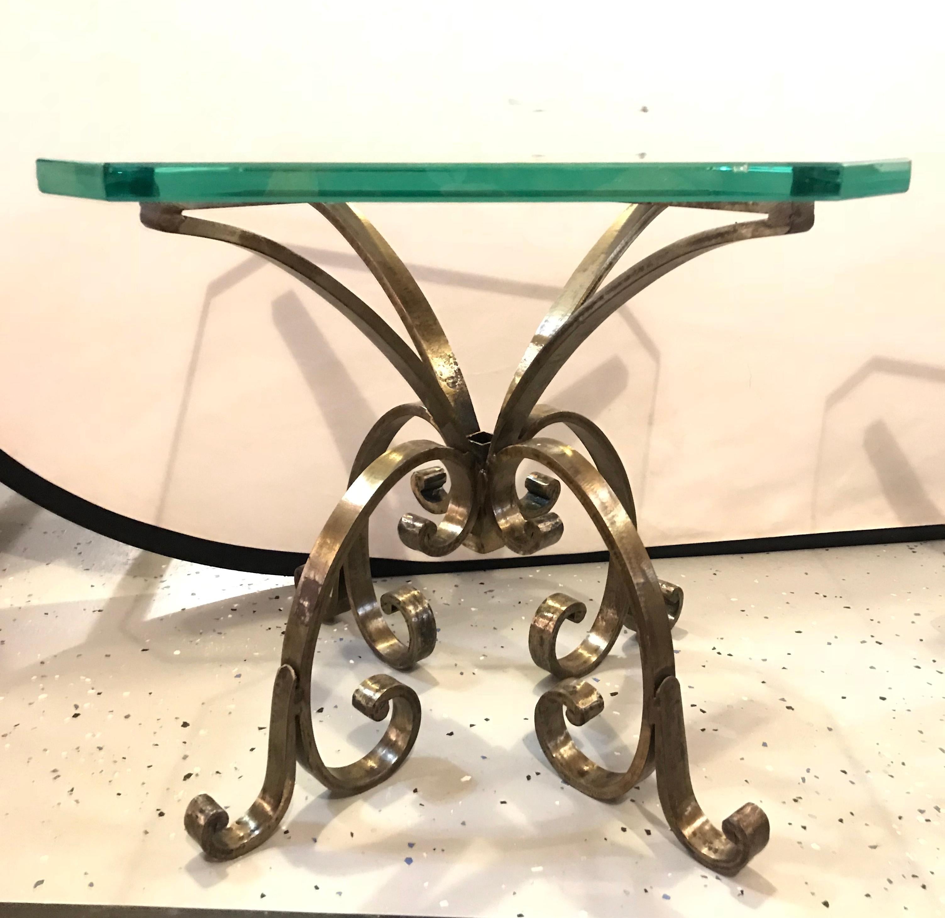 Industrial Pair of Welded Steel End, Coffee or Pedestal Tables Having Thick Glass Tops