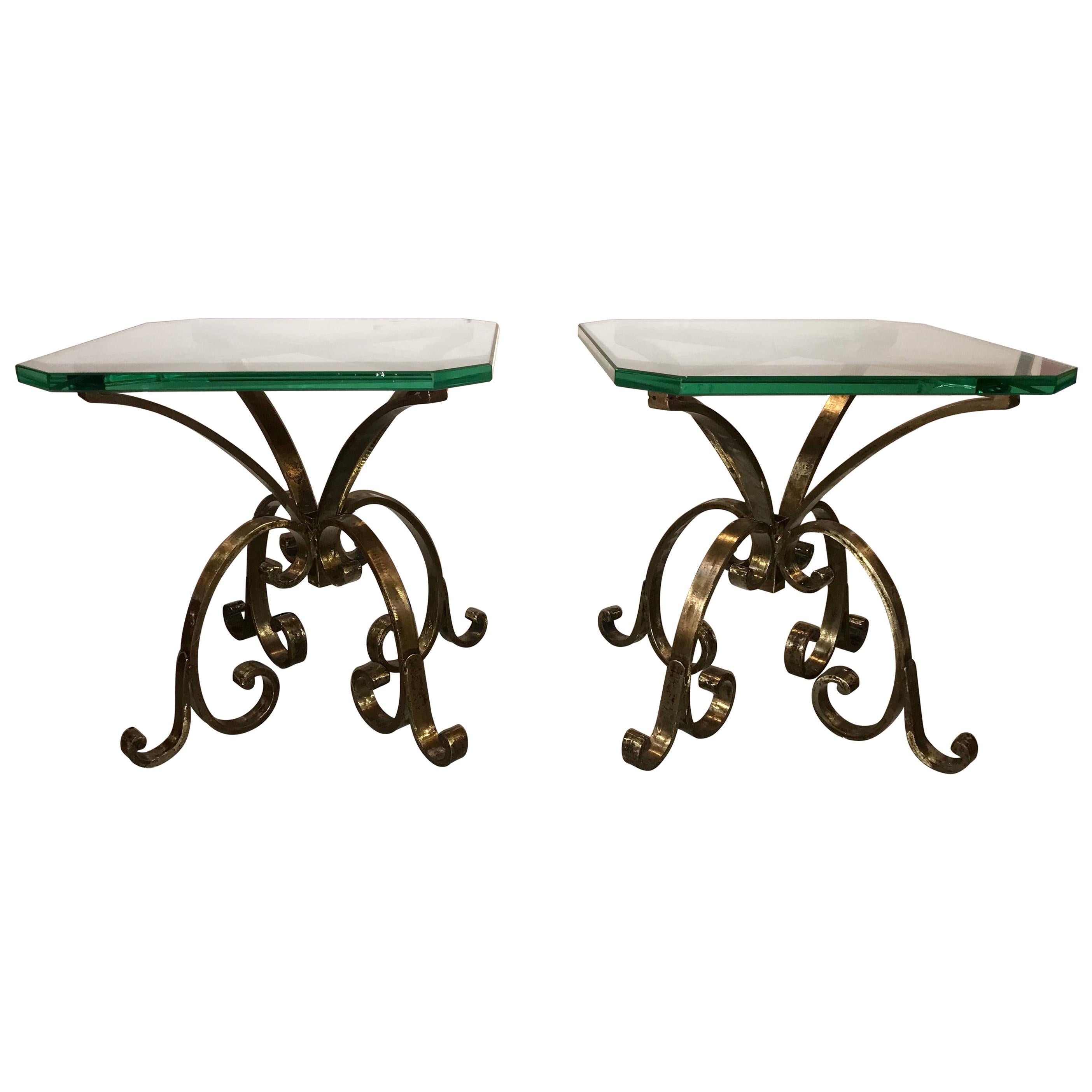 Pair of Welded Steel End, Coffee or Pedestal Tables Having Thick Glass Tops