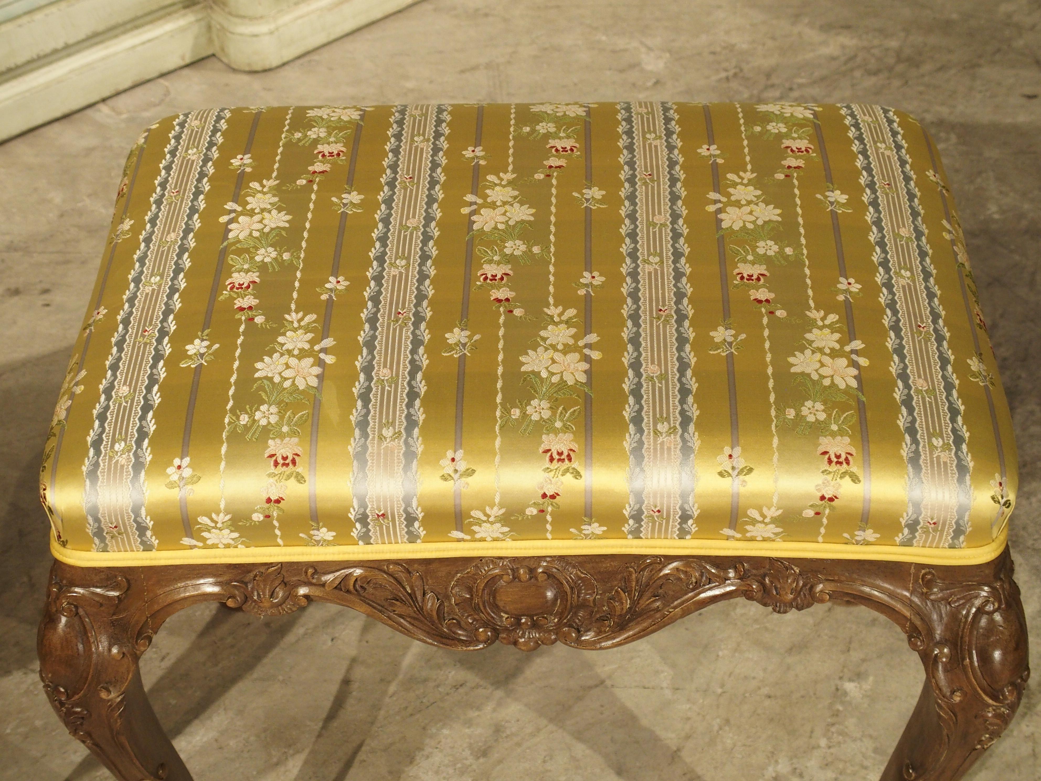 Pair of Well Carved French Louis XV Style Tabouret Stools with Silk Upholstery For Sale 4