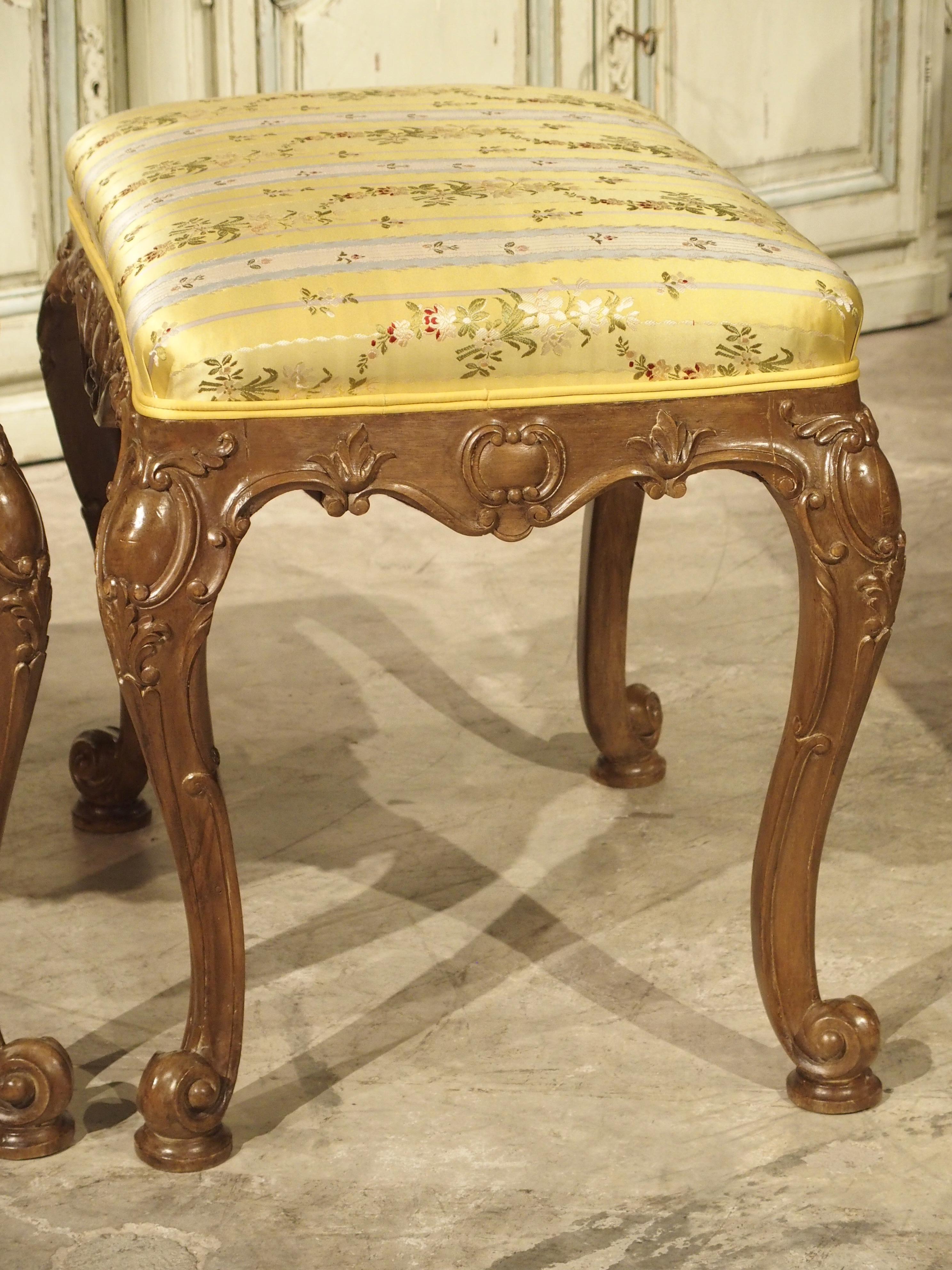 Pair of Well Carved French Louis XV Style Tabouret Stools with Silk Upholstery For Sale 7
