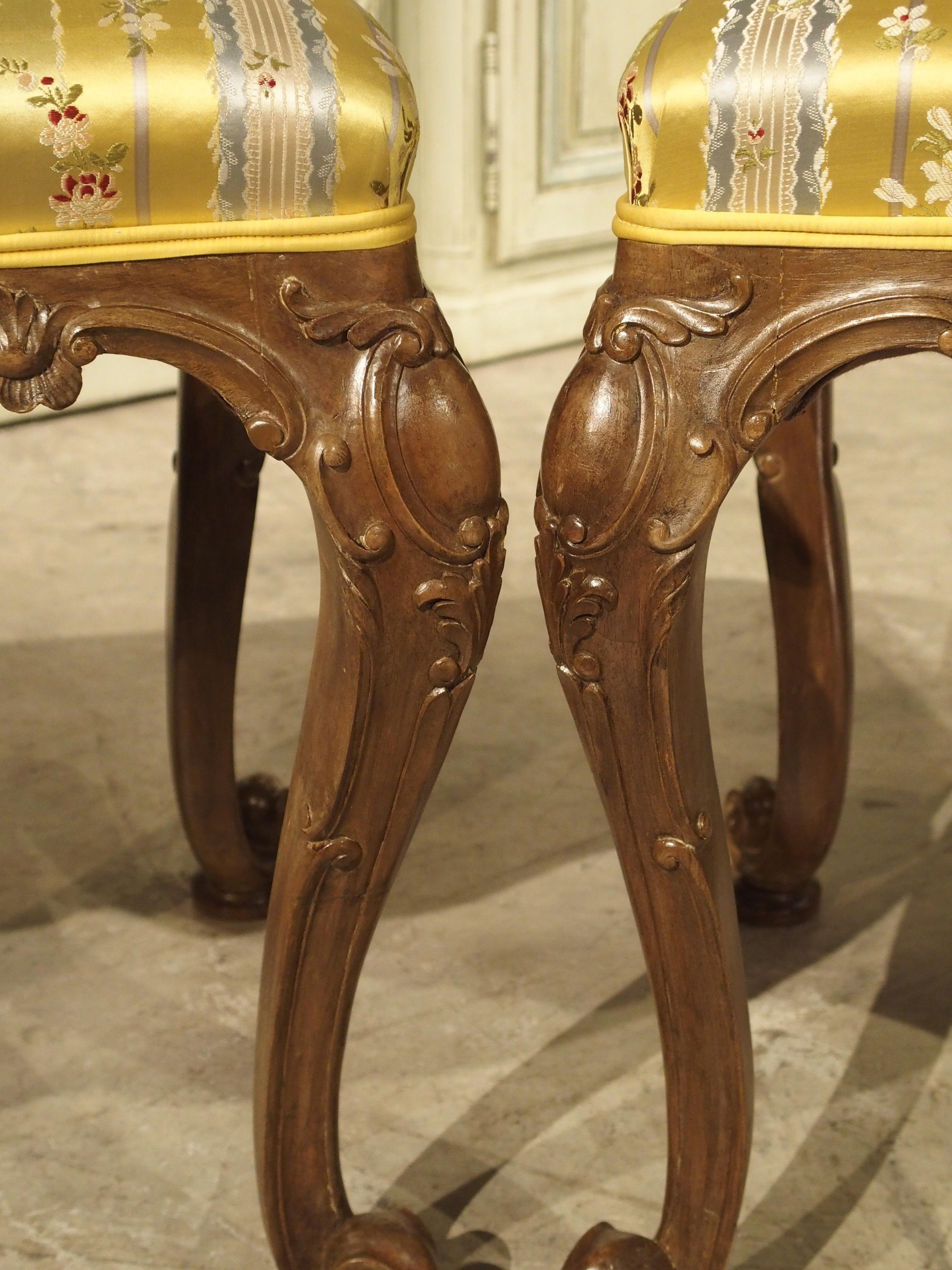 Pair of Well Carved French Louis XV Style Tabouret Stools with Silk Upholstery For Sale 9