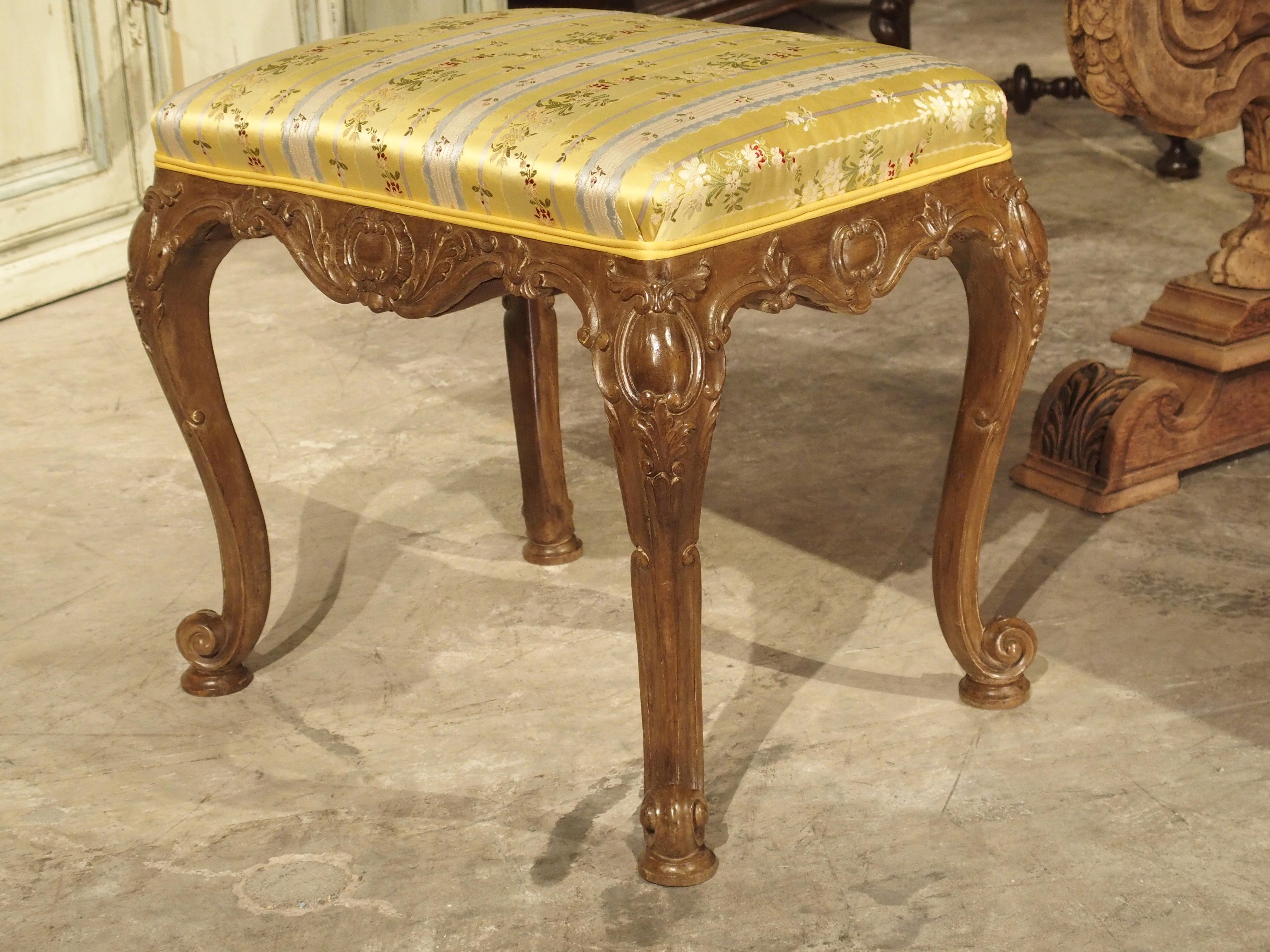 Pair of Well Carved French Louis XV Style Tabouret Stools with Silk Upholstery For Sale 11