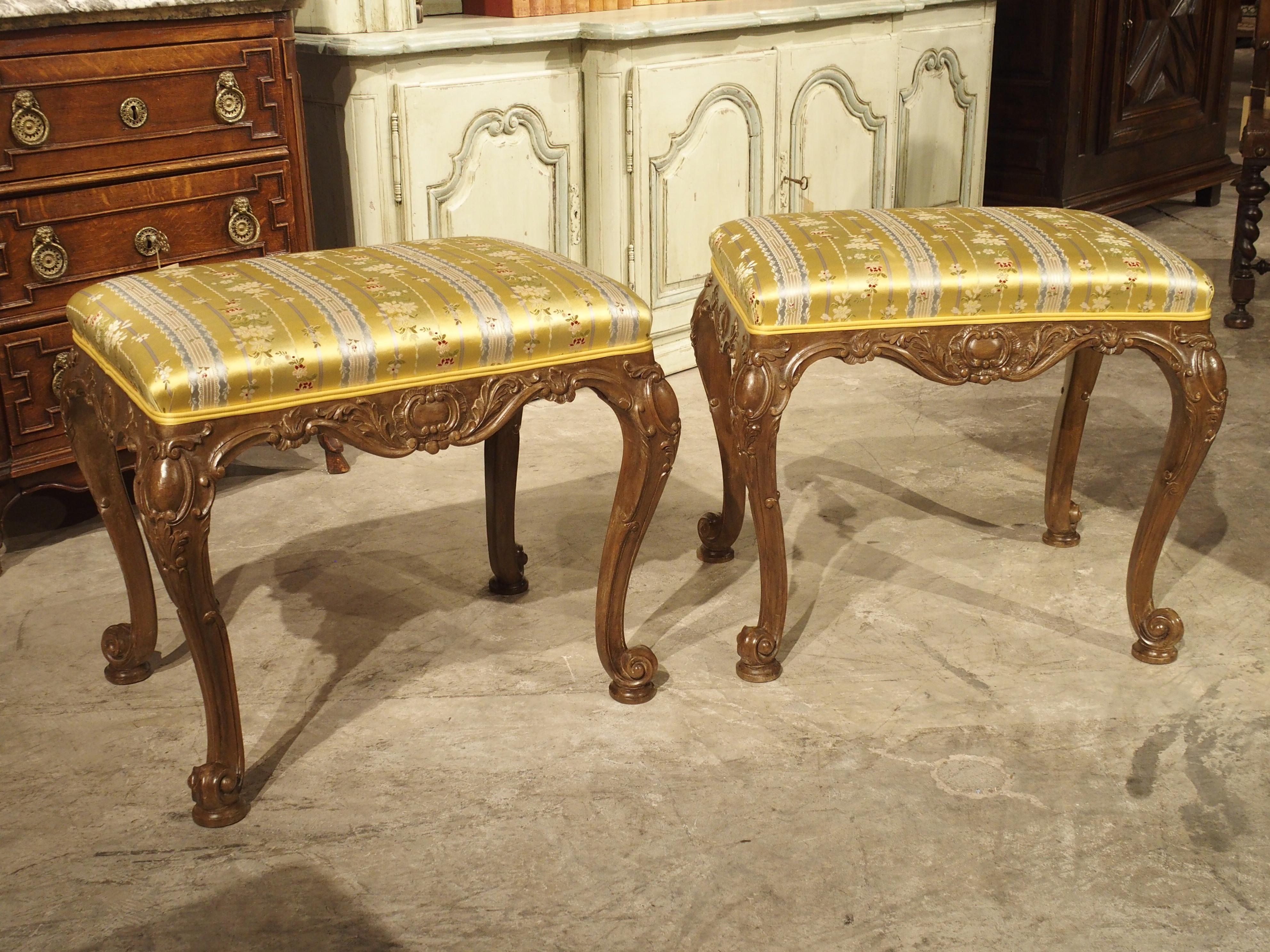 Pair of Well Carved French Louis XV Style Tabouret Stools with Silk Upholstery For Sale 13