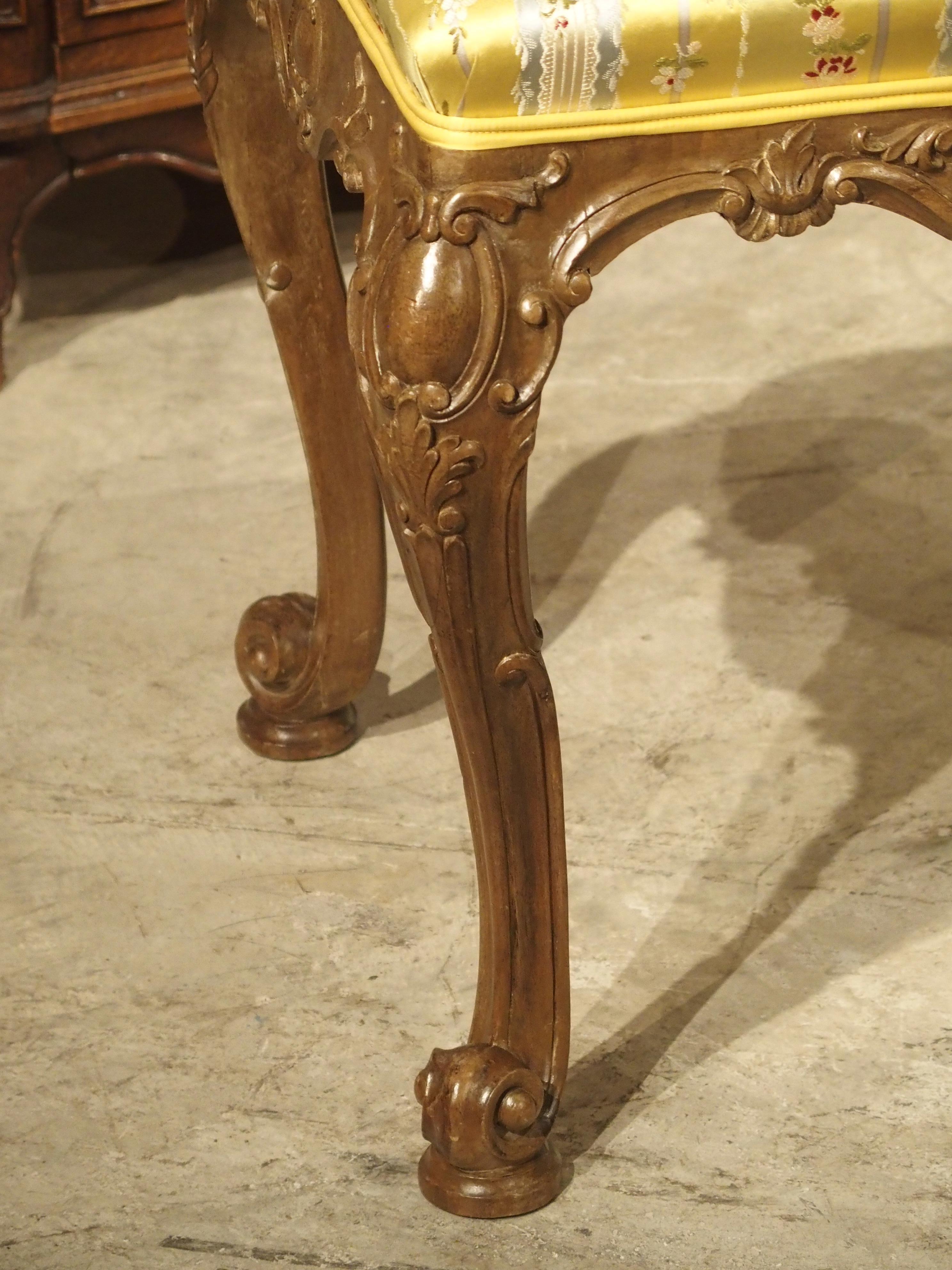 Hand-Carved Pair of Well Carved French Louis XV Style Tabouret Stools with Silk Upholstery For Sale