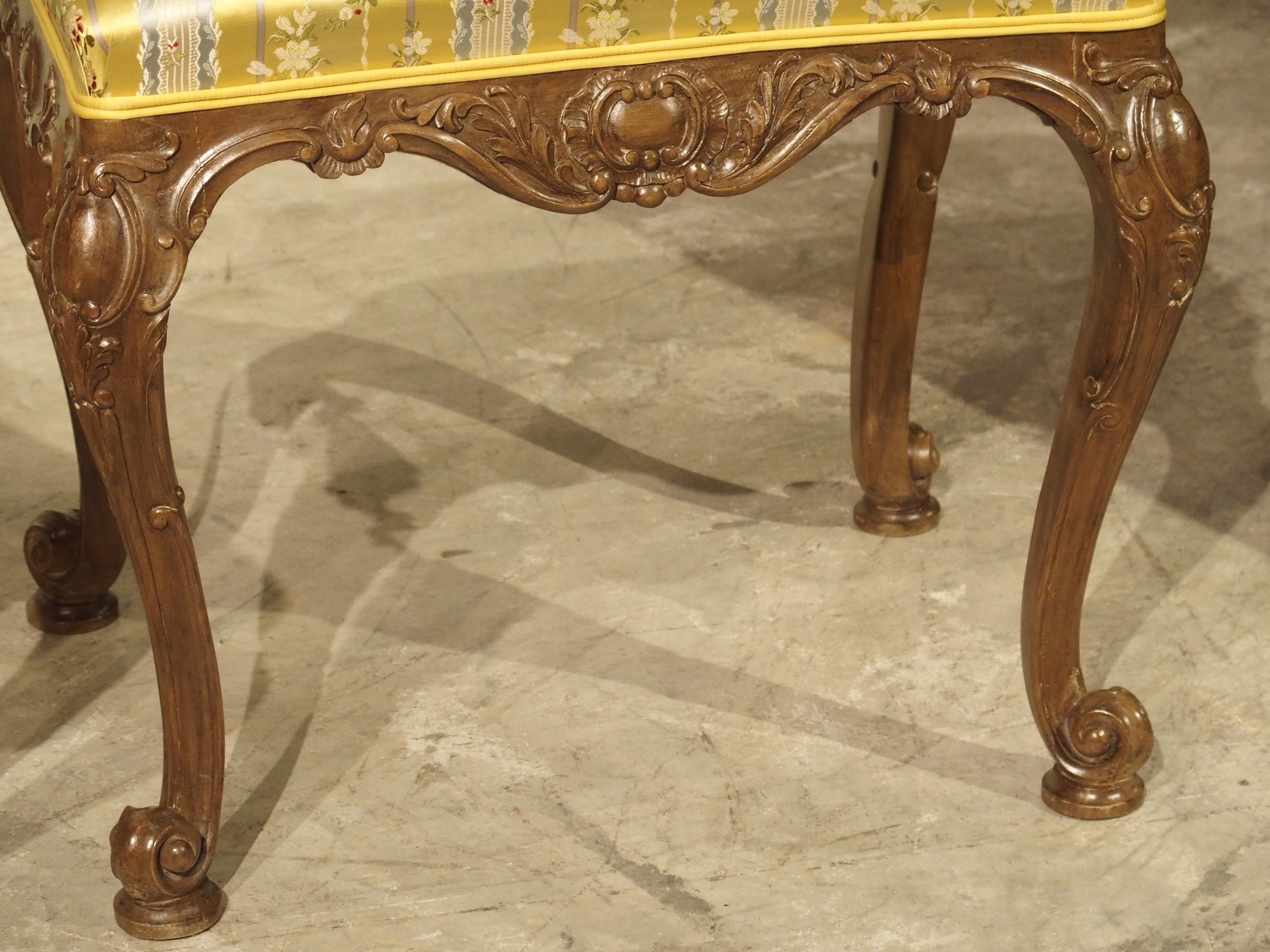 Pair of Well Carved French Louis XV Style Tabouret Stools with Silk Upholstery In Good Condition For Sale In Dallas, TX