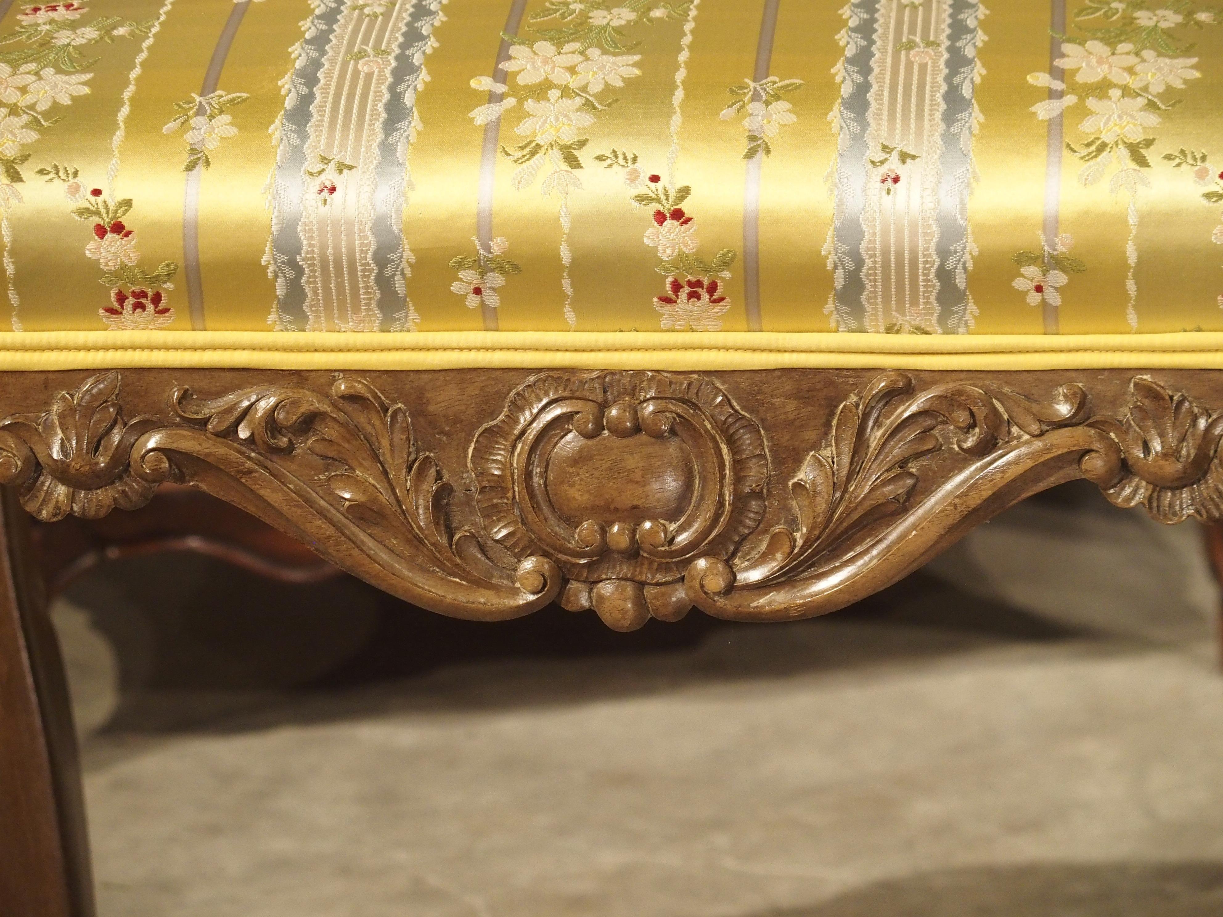 Pair of Well Carved French Louis XV Style Tabouret Stools with Silk Upholstery For Sale 1