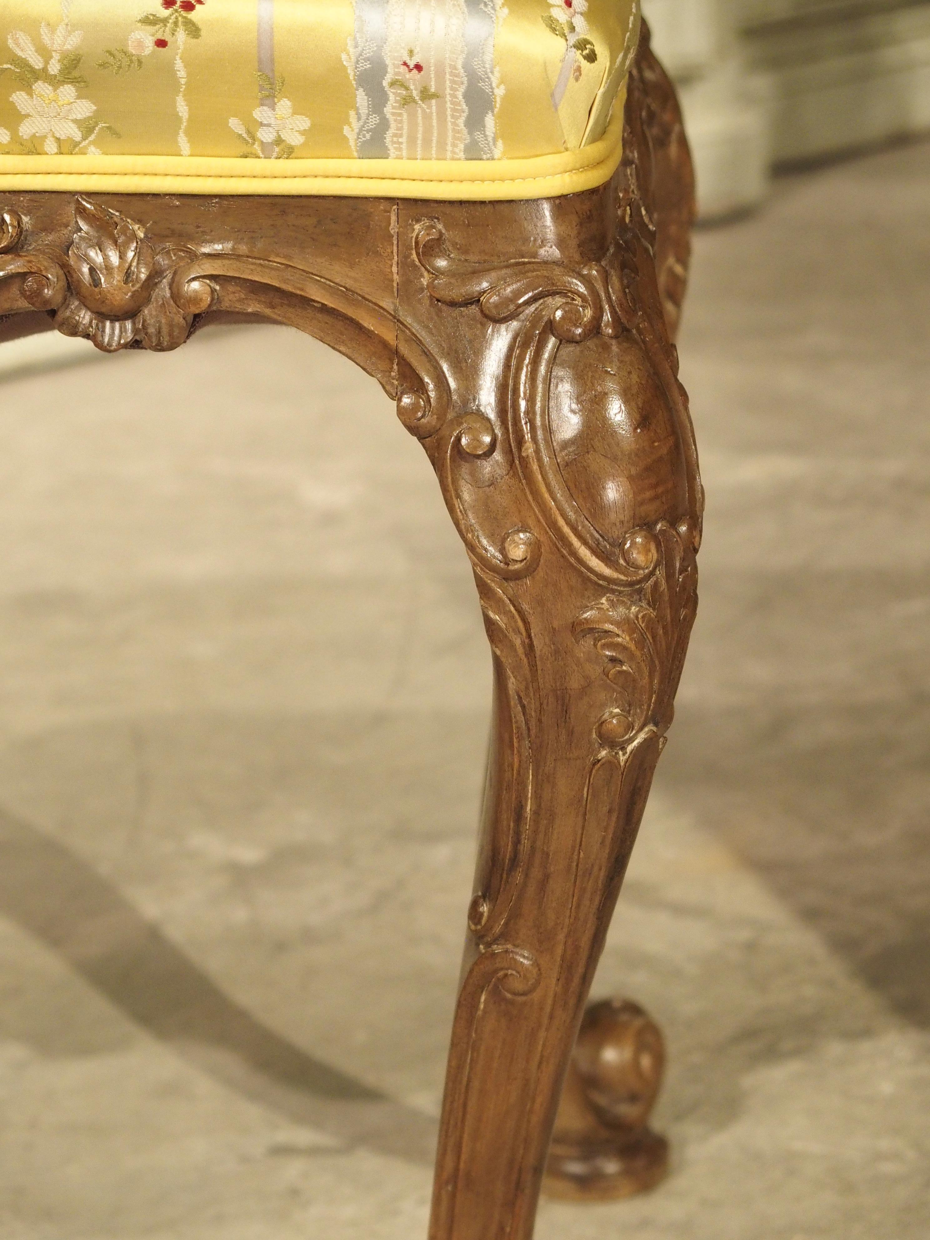 Pair of Well Carved French Louis XV Style Tabouret Stools with Silk Upholstery For Sale 2