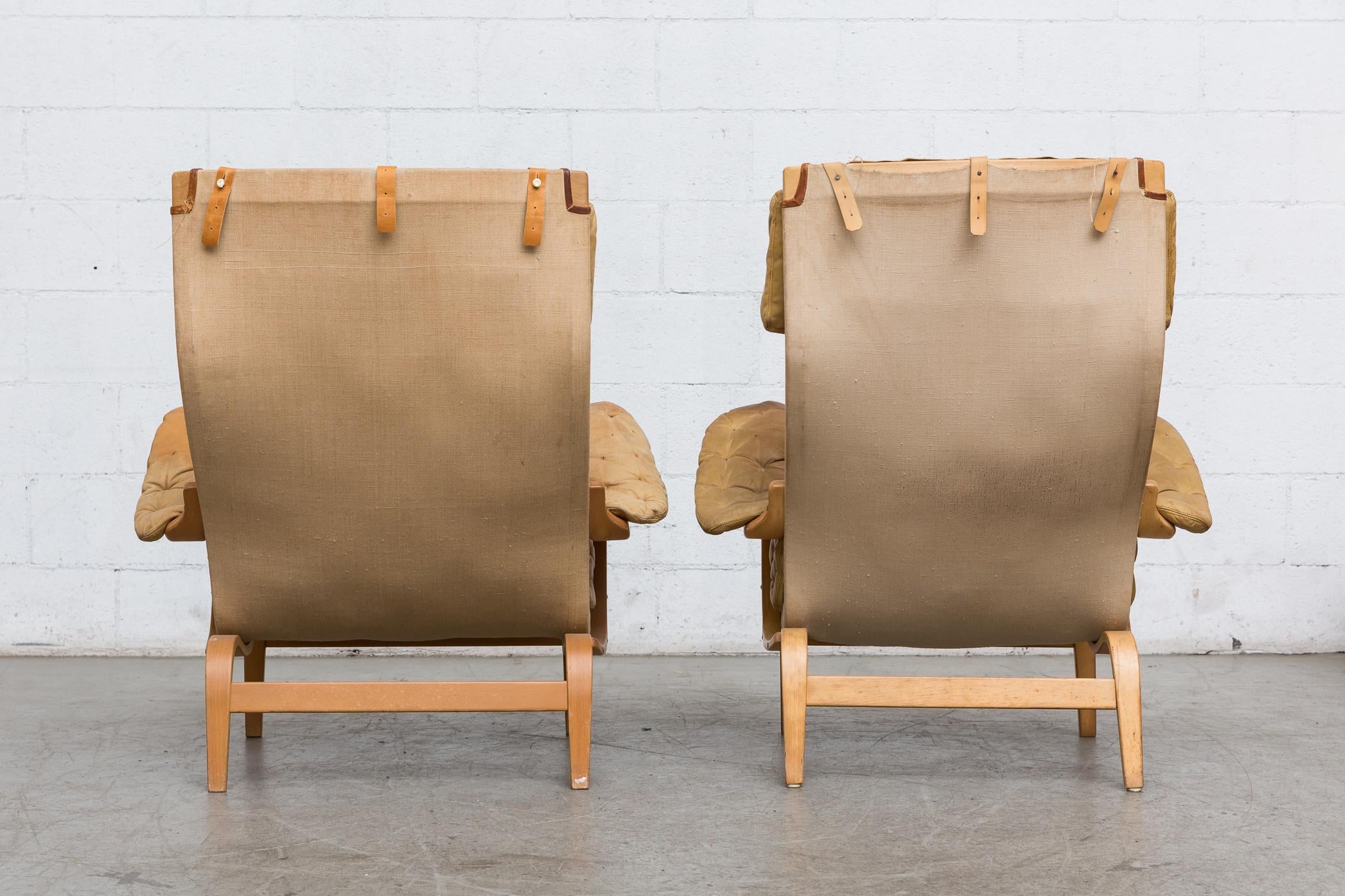 Swedish Pair of Well Used 'Pernilla' Chairs by Bruno Mathsson
