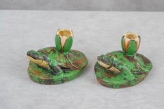 Pair of Weller Coppertone Candlesticks w/ Turtles, Signed, ca.1930