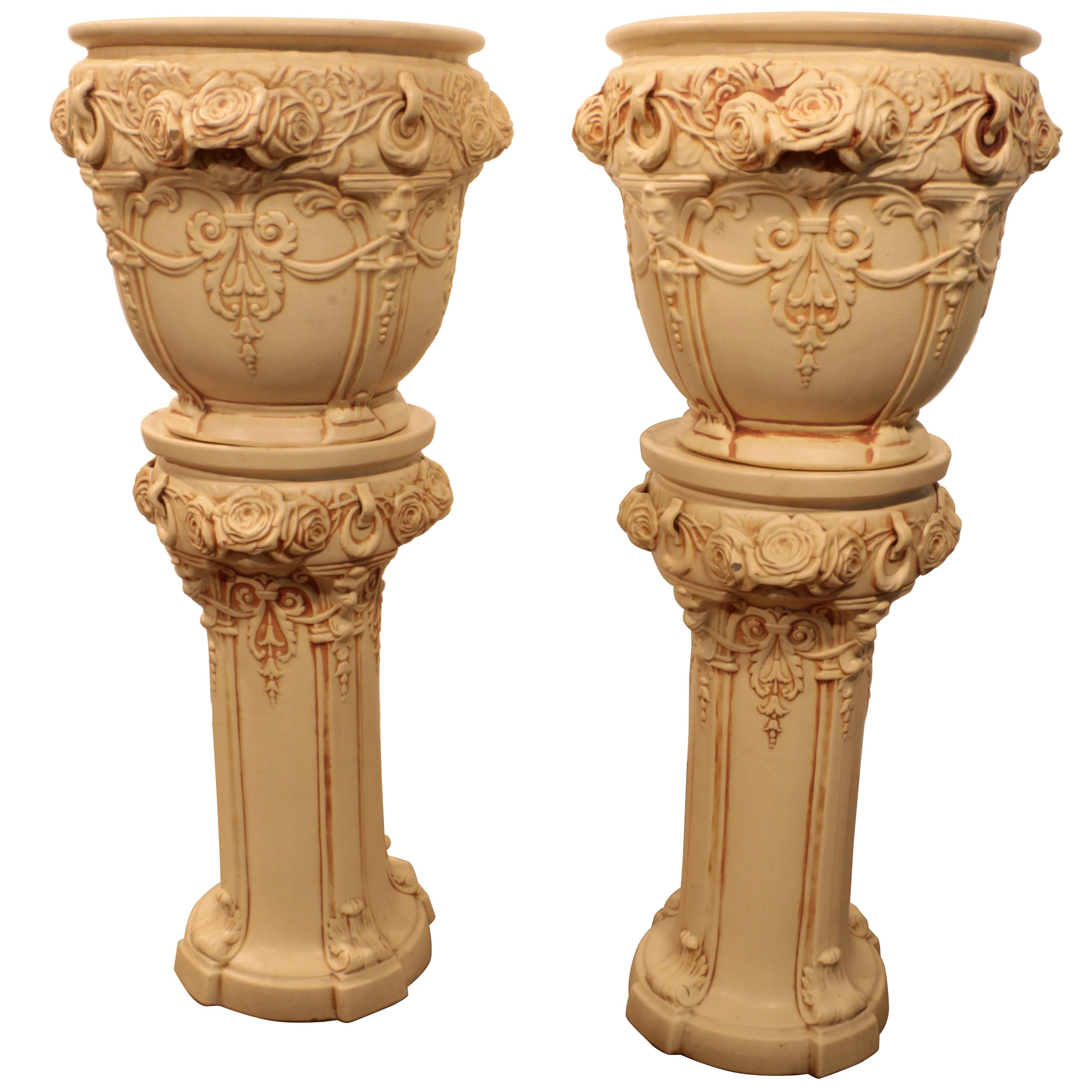 Pair of Weller Ivory Planters on Stand For Sale