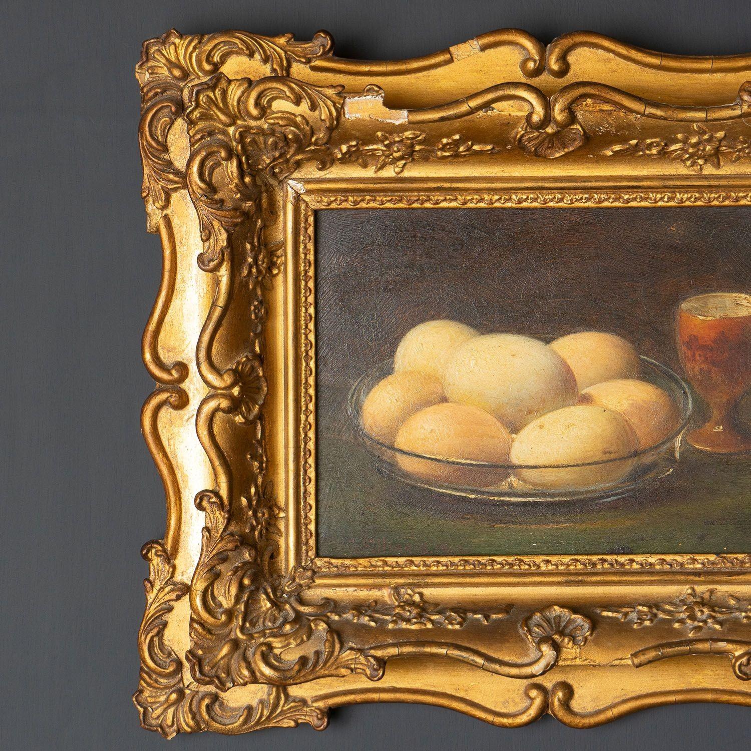 Gesso Pair of Antique Egg Still Life Oil Paintings by George Frederick Harris, 1900s