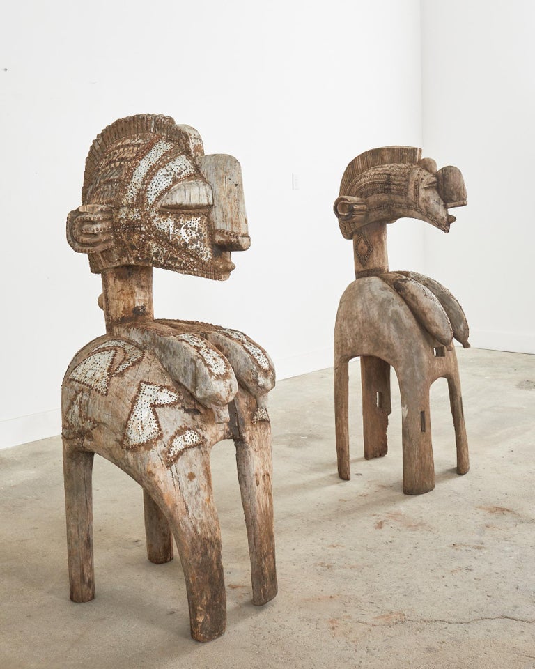 Pair of West African Baga Nimba Carved Fertility Mask Sculptures For