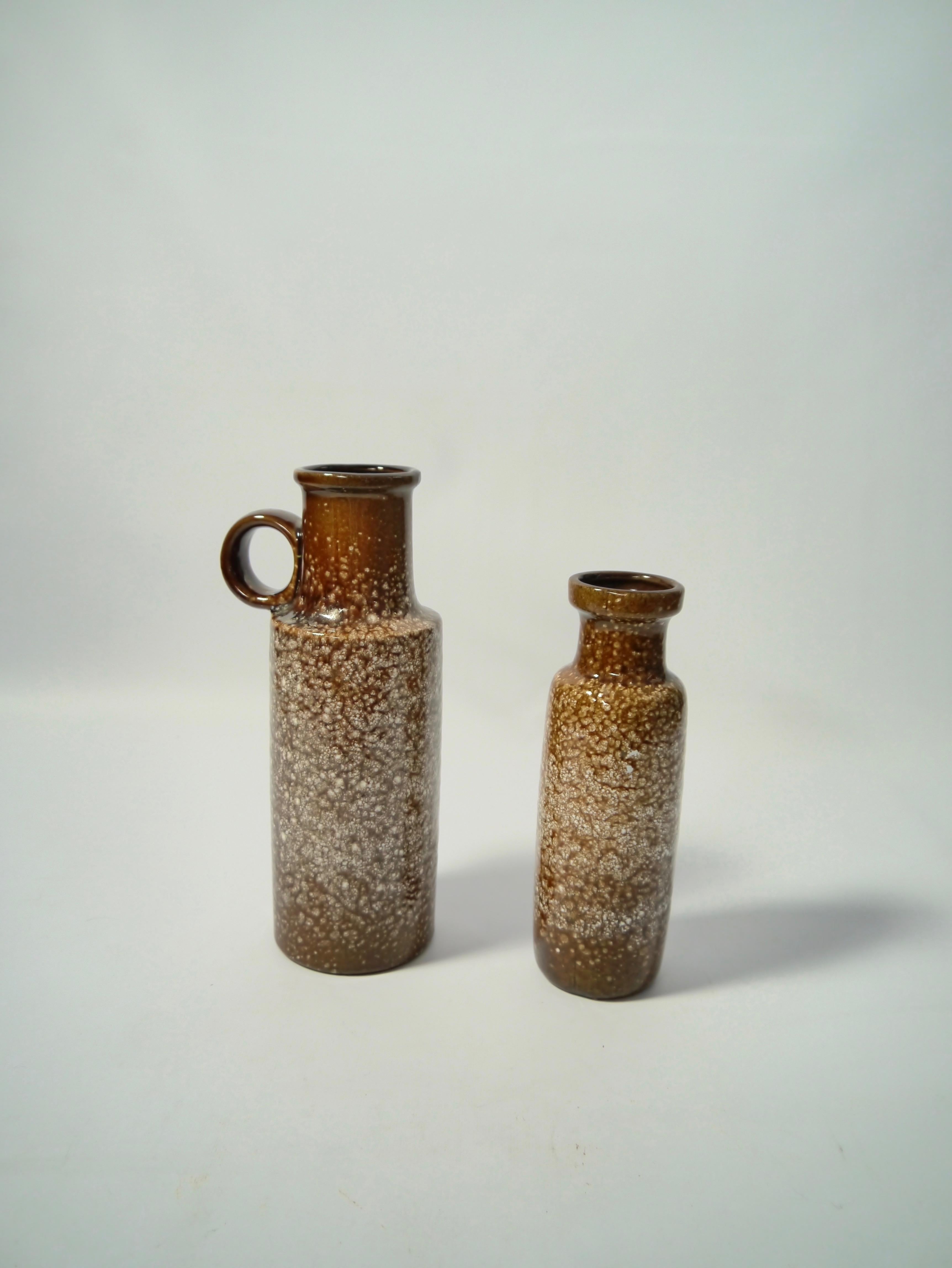 Pair of brown & white speckled glazed ceramic vases fabricated by BAY, West Germany, 1960s.