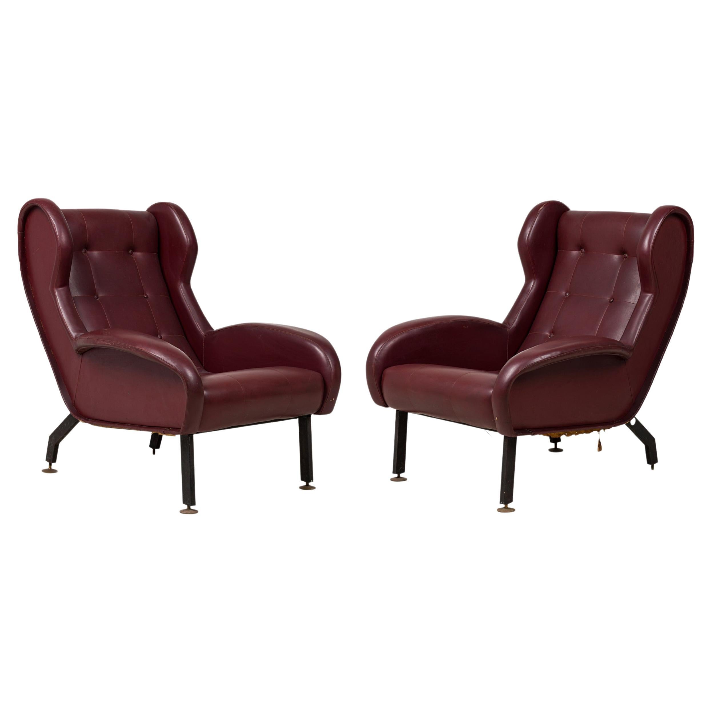 Pair of Westnofa Norwegian Burgundy Leather Upholstered Wing Armchairs