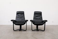 Pair of Westnofa Vestlandske Black Leather and Bentwood Lounge Chairs