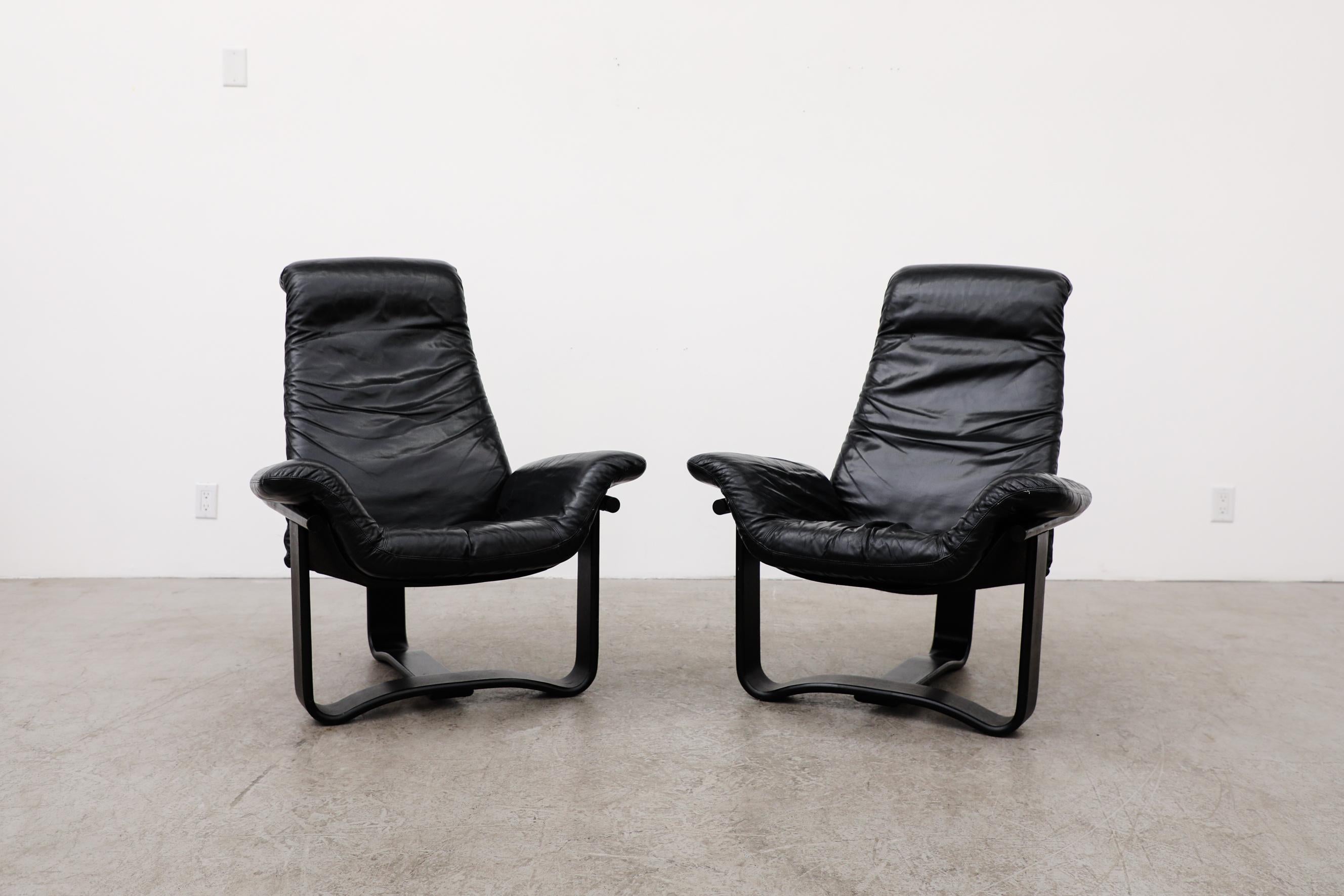 Norwegian Pair of Westnofa Vestlandske Black Leather and Bentwood Lounge Chairs