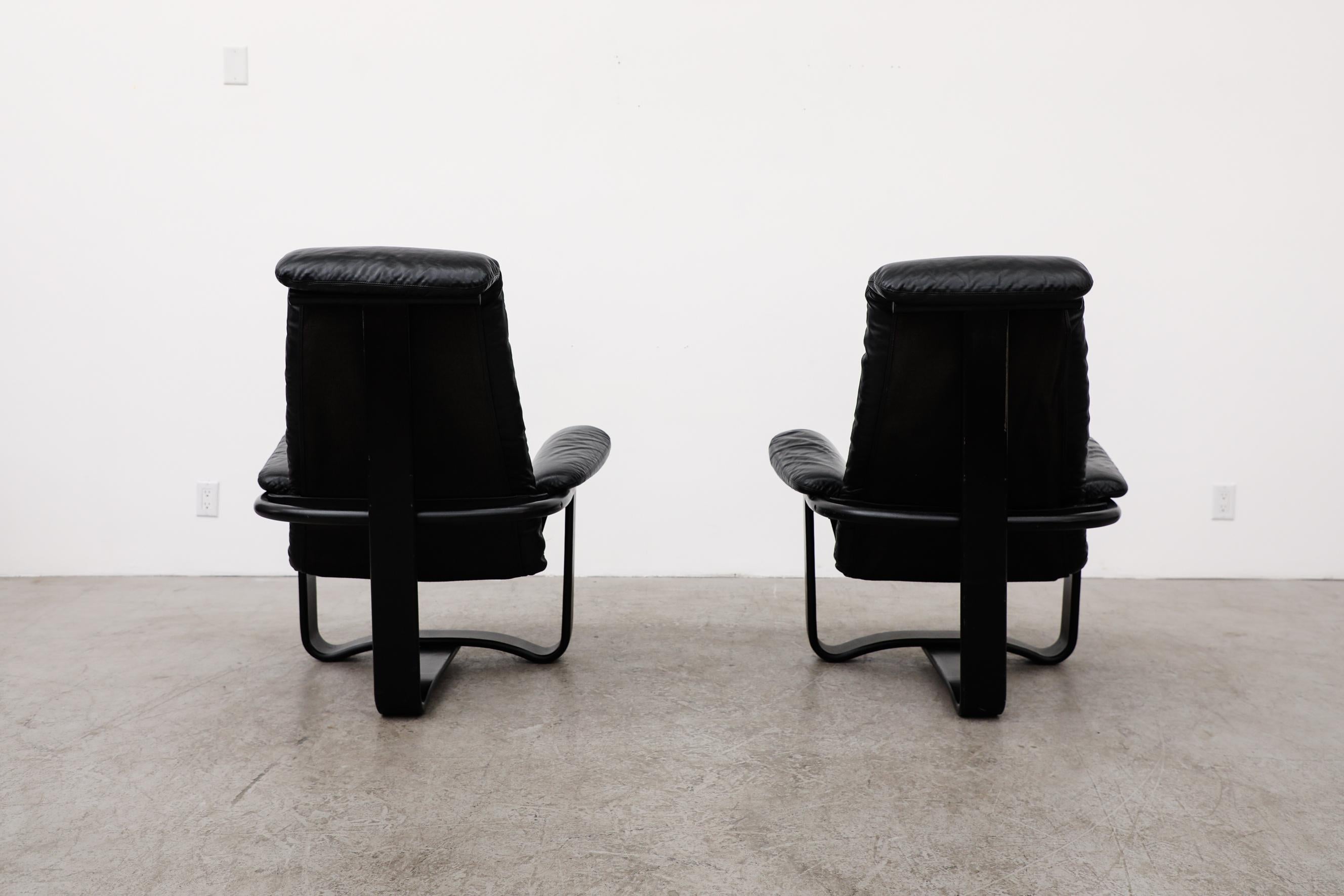 Pair of Westnofa Vestlandske Black Leather and Bentwood Lounge Chairs 1