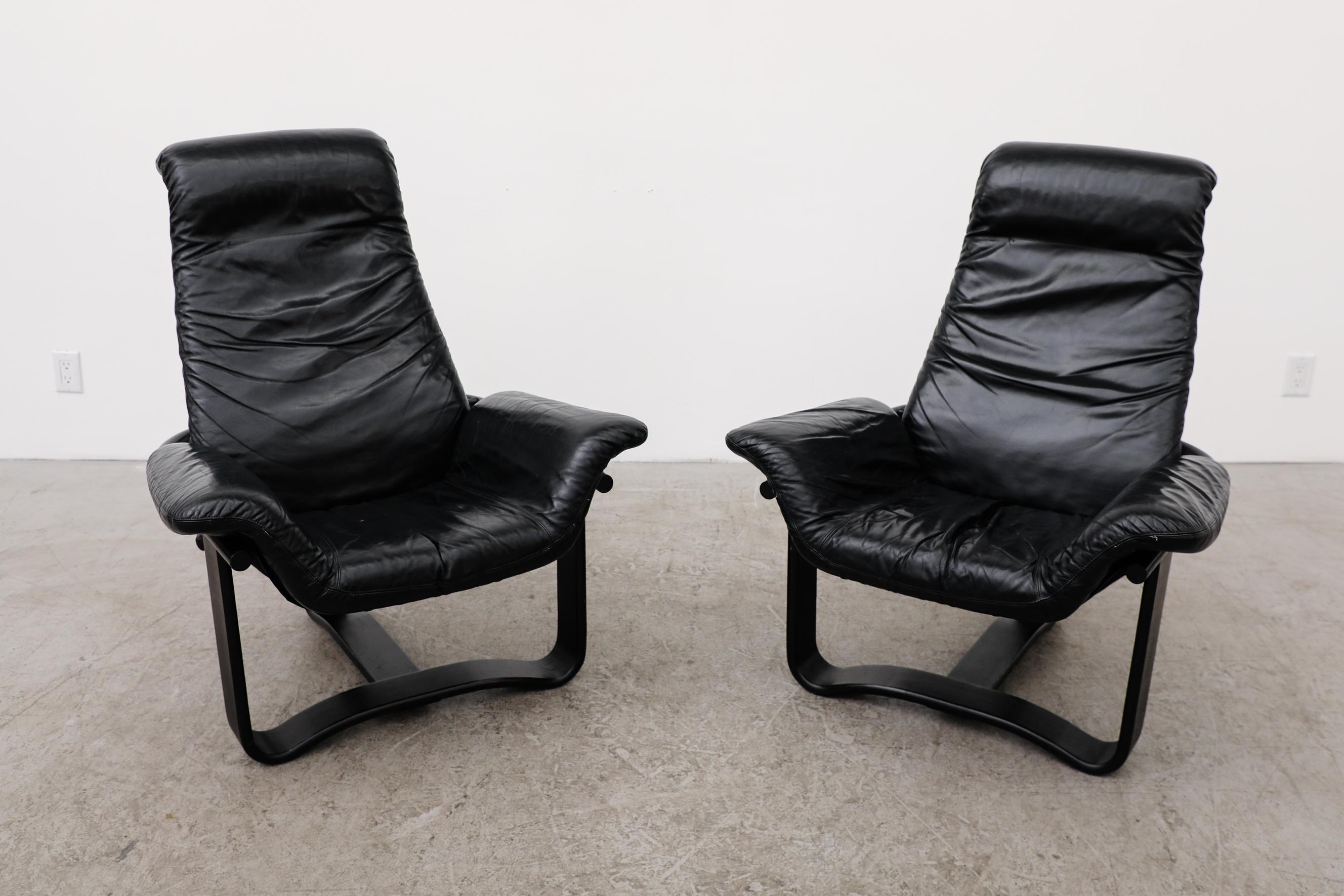 Pair of Westnofa Vestlandske Black Leather and Bentwood Lounge Chairs 2