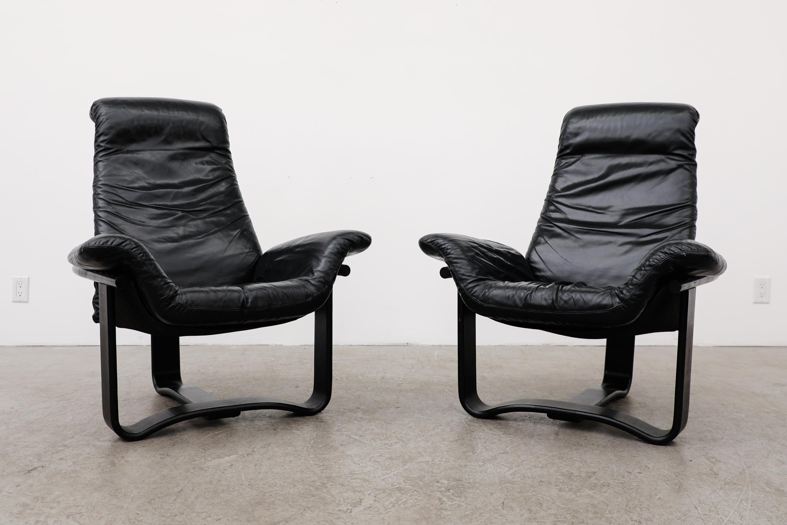 Pair of Westnofa Vestlandske Black Leather and Bentwood Lounge Chairs 3
