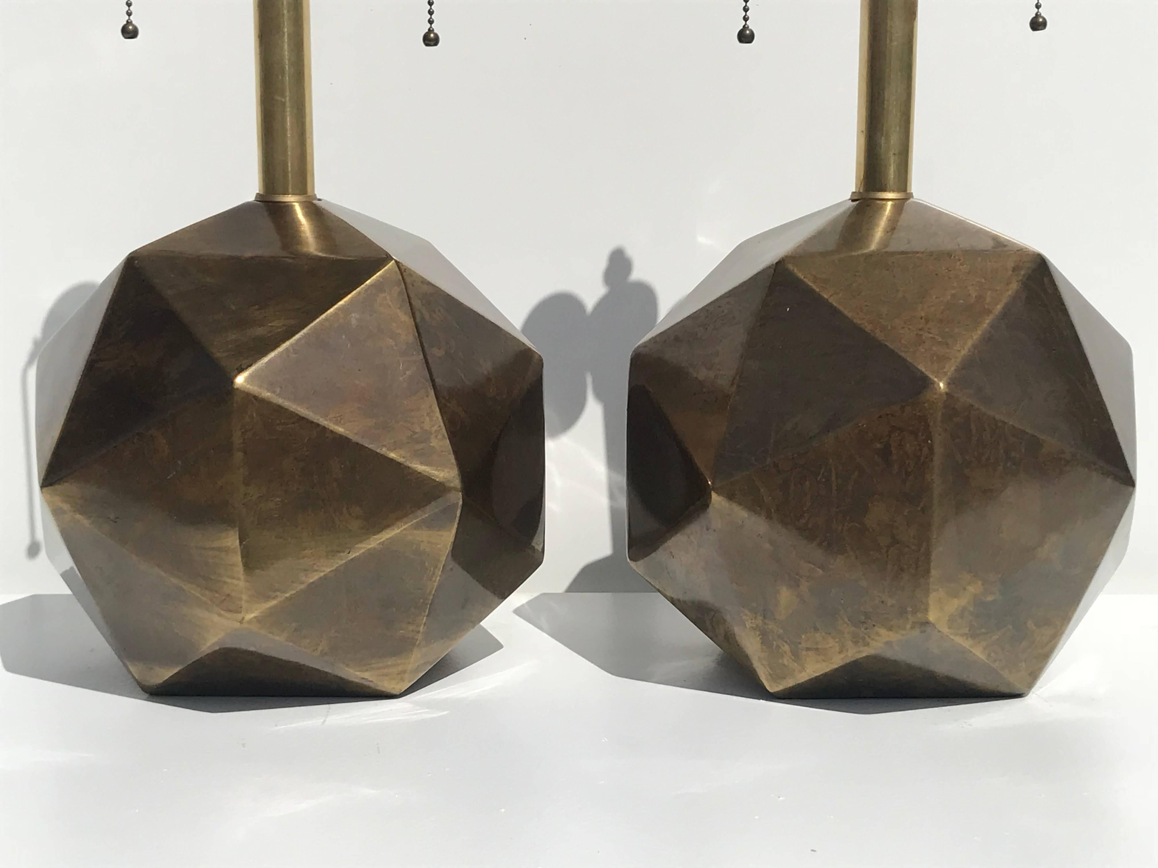 Pair of Westwood Industries geometric faceted lamps in antique bronze finish. Main body is 10