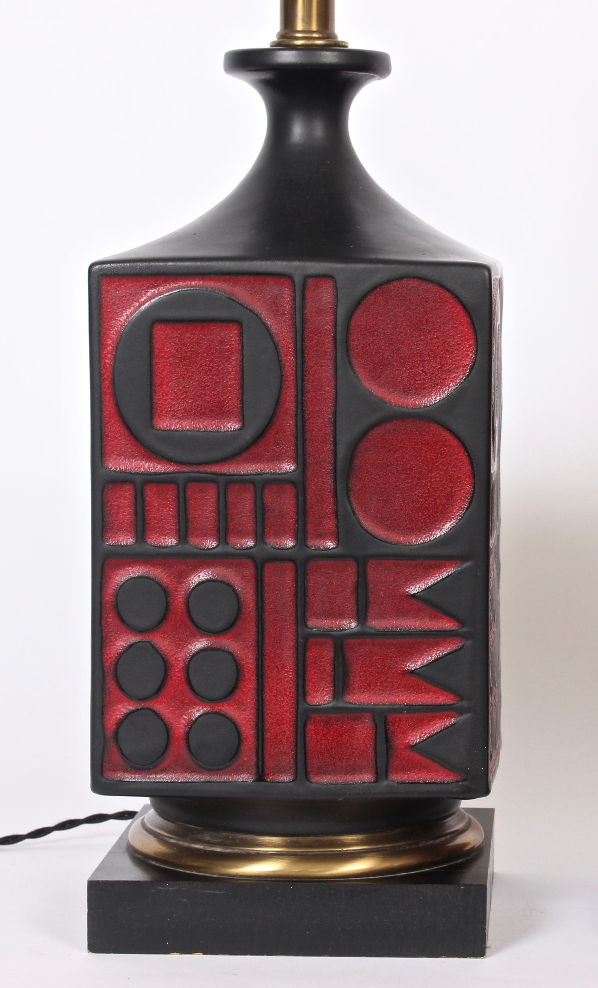 20th Century Pair of Westwood Studios Black and Red Geometric Imprint Ceramic Lamps, 1950s