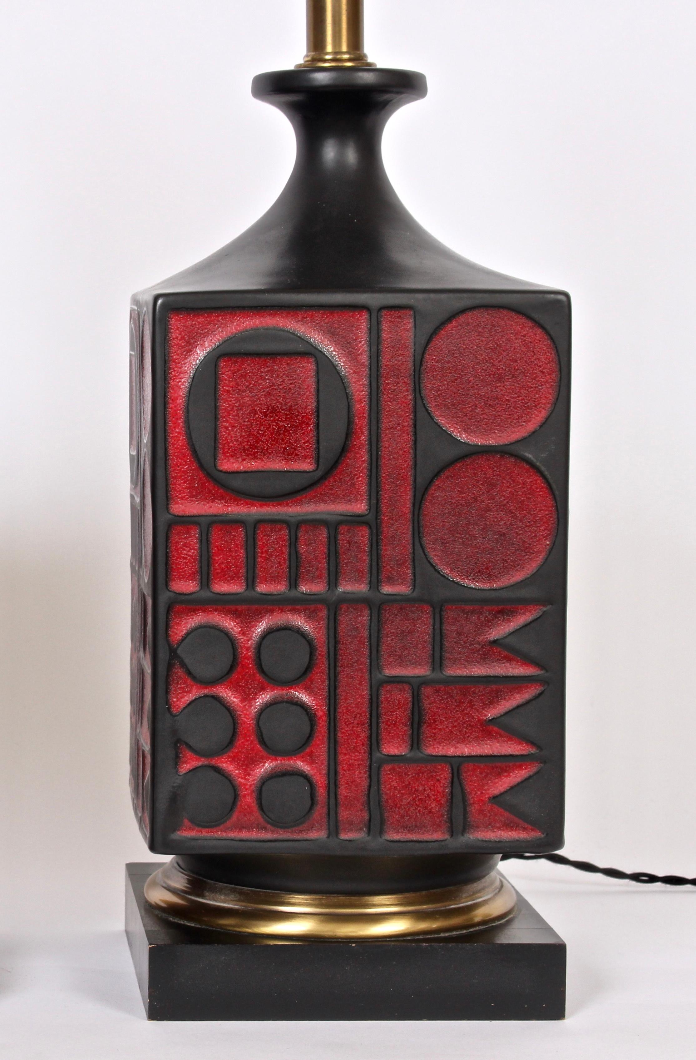 Pair of Westwood Studios Black and Red Geometric Imprint Ceramic Lamps, 1950s 1