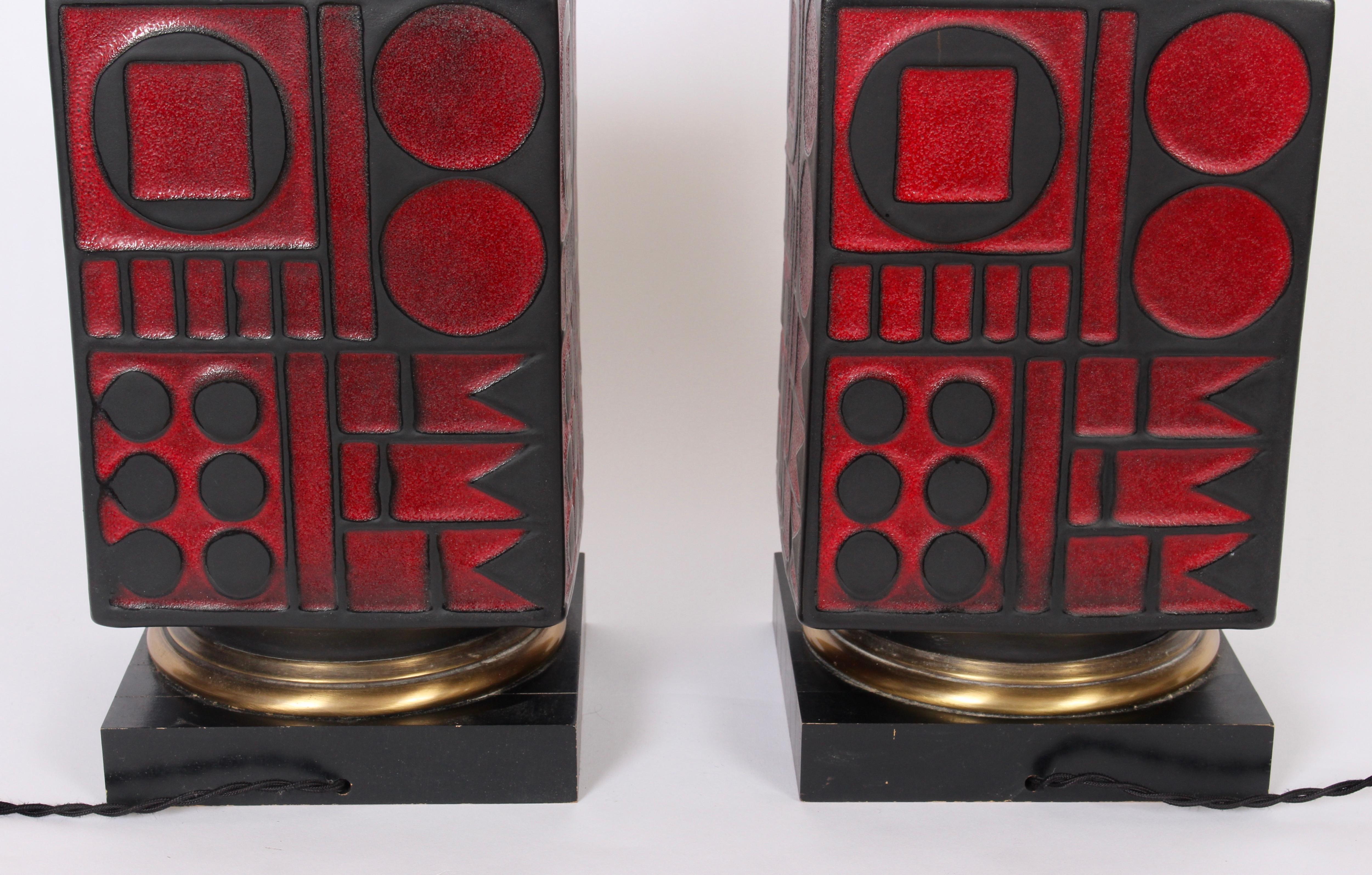 Pair of Westwood Studios Black and Red Geometric Imprint Ceramic Lamps, 1950s 2