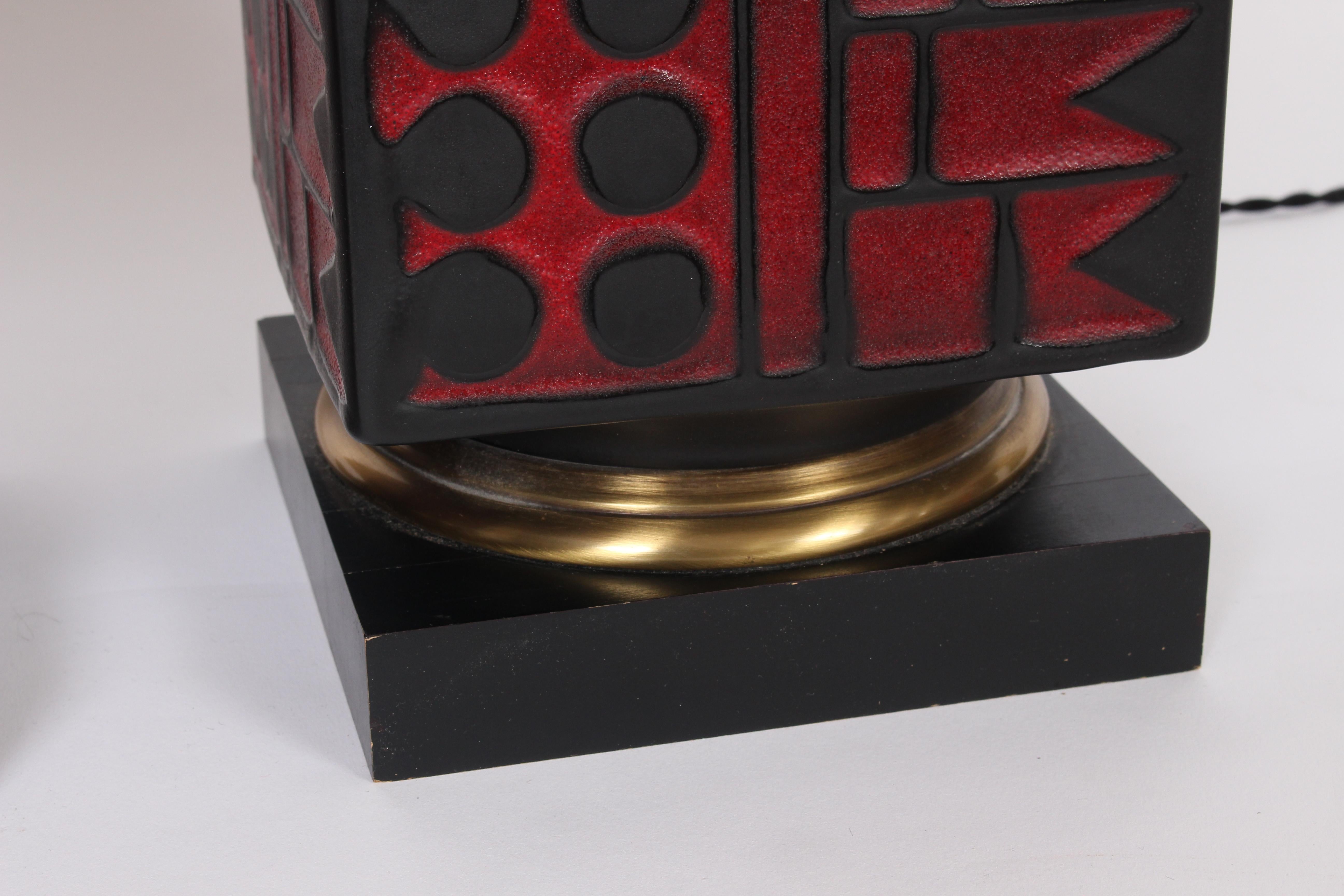 Pair of Westwood Studios Black and Red Geometric Imprint Ceramic Lamps, 1950s 3