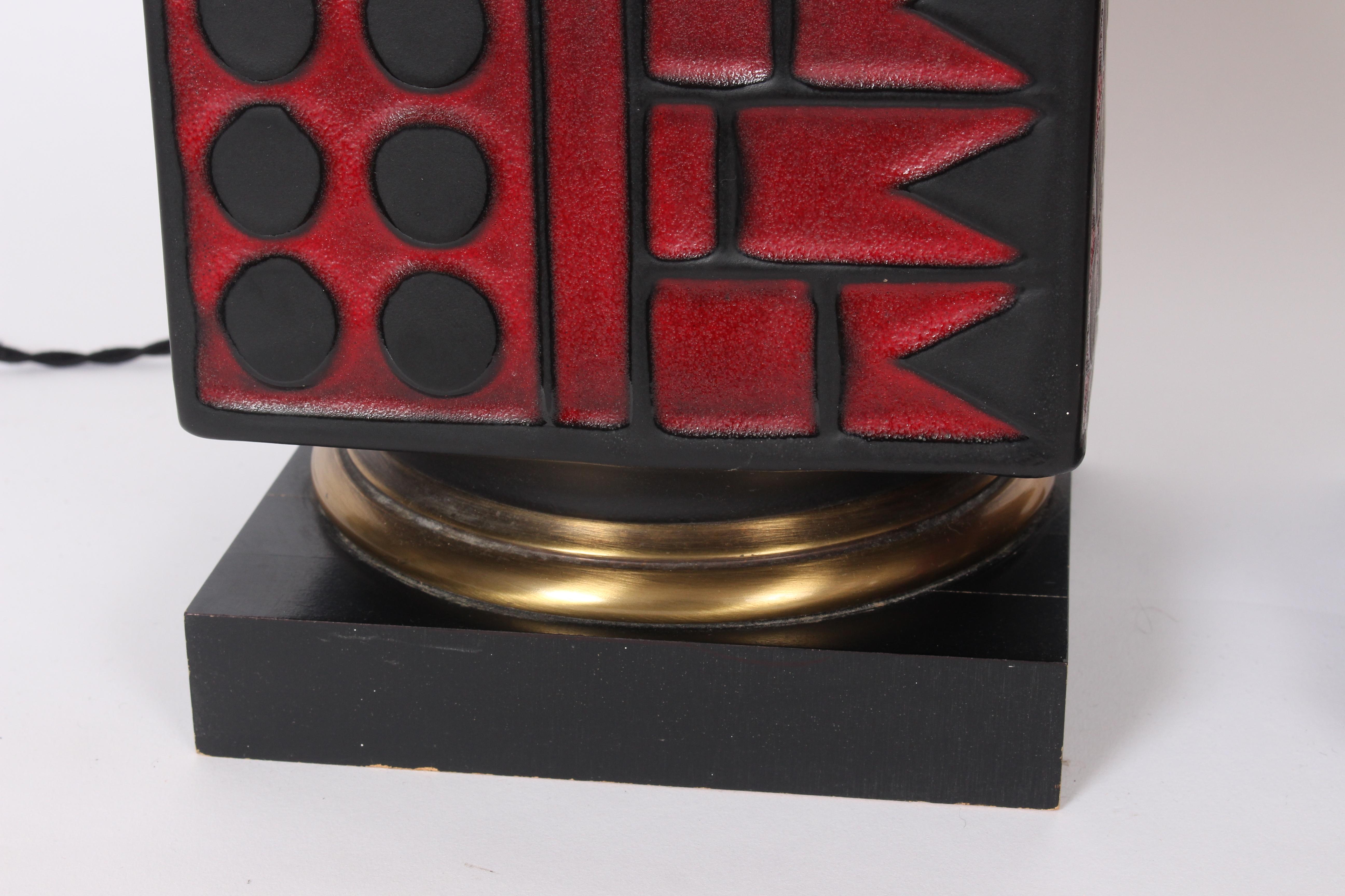 Pair of Westwood Studios Black and Red Geometric Imprint Ceramic Lamps, 1950s 4
