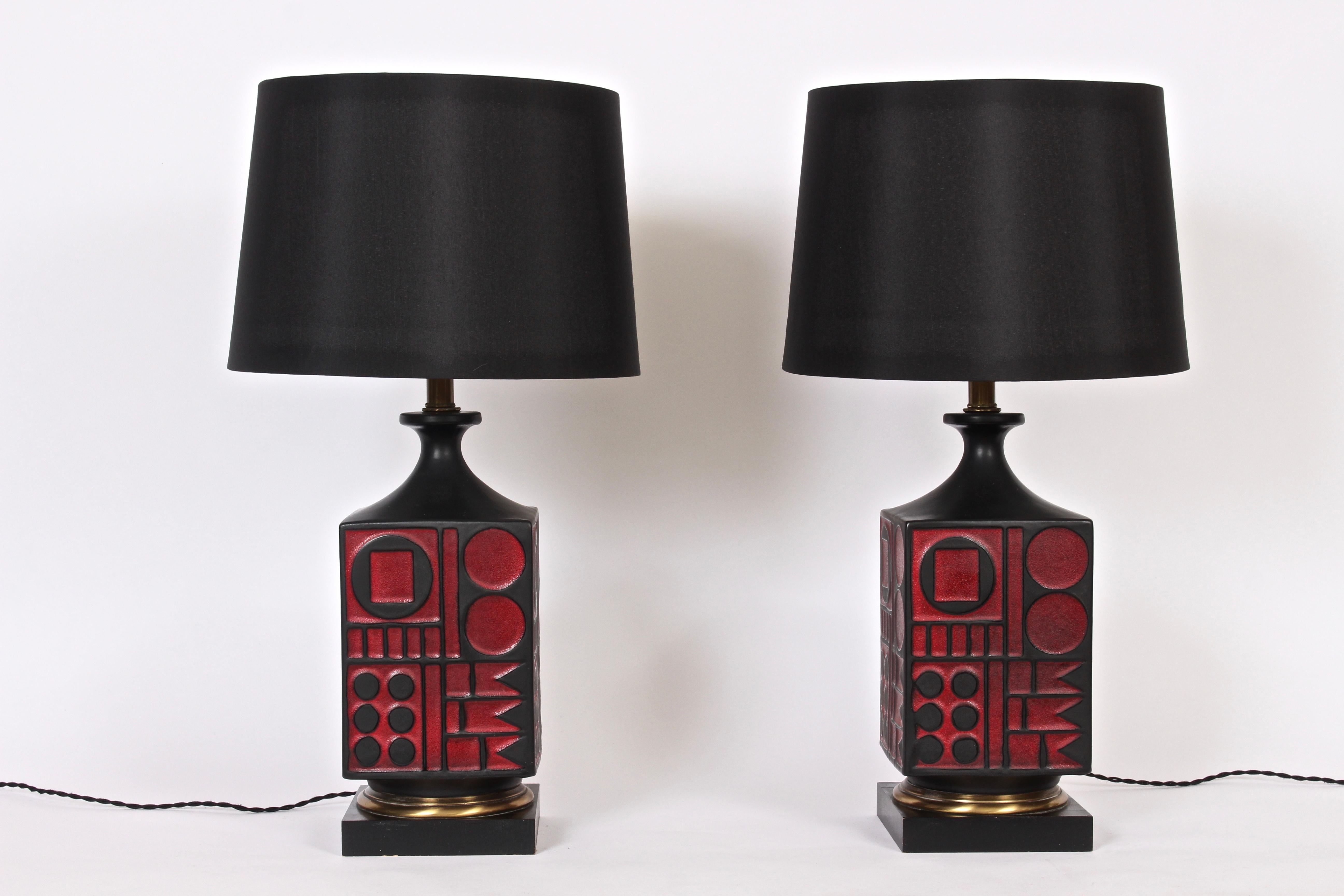 Pair of Westwood Studios Black and Red Geometric Imprint Ceramic Lamps, 1950s 5