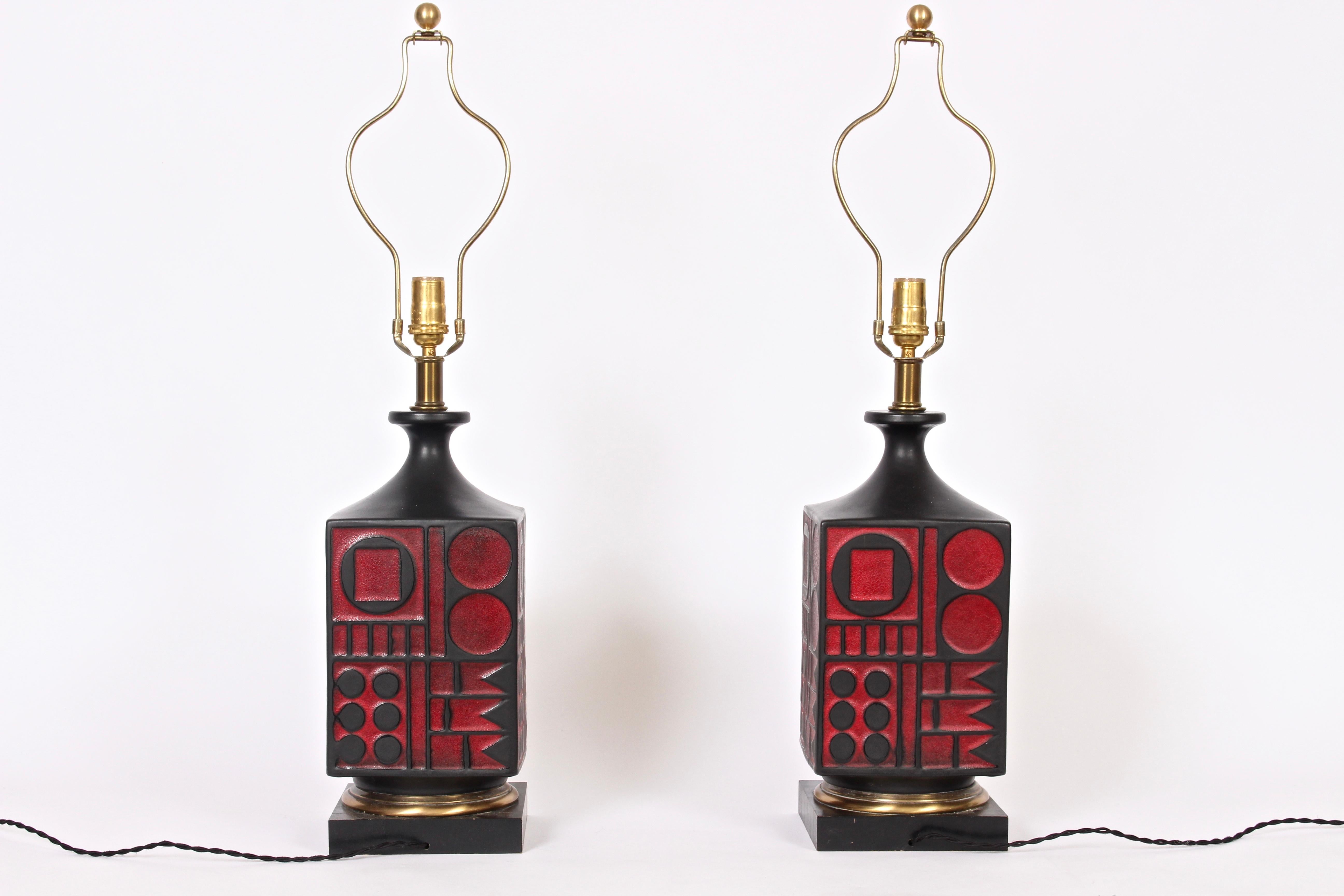 Pair of Westwood Studios Black and Red Geometric Imprint Ceramic Lamps, 1950s 6