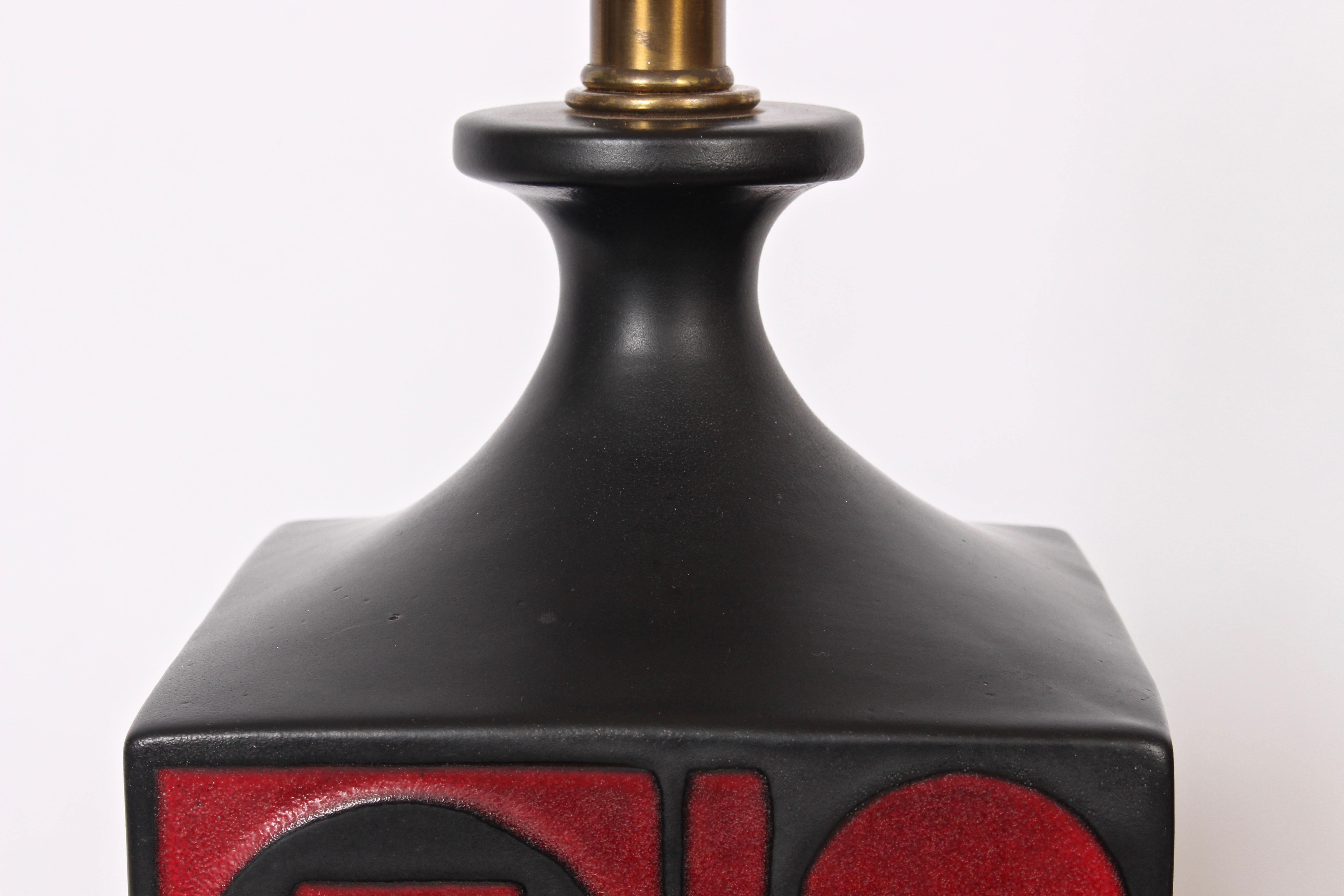 American Pair of Westwood Studios Black and Red Geometric Imprint Ceramic Lamps, 1950s