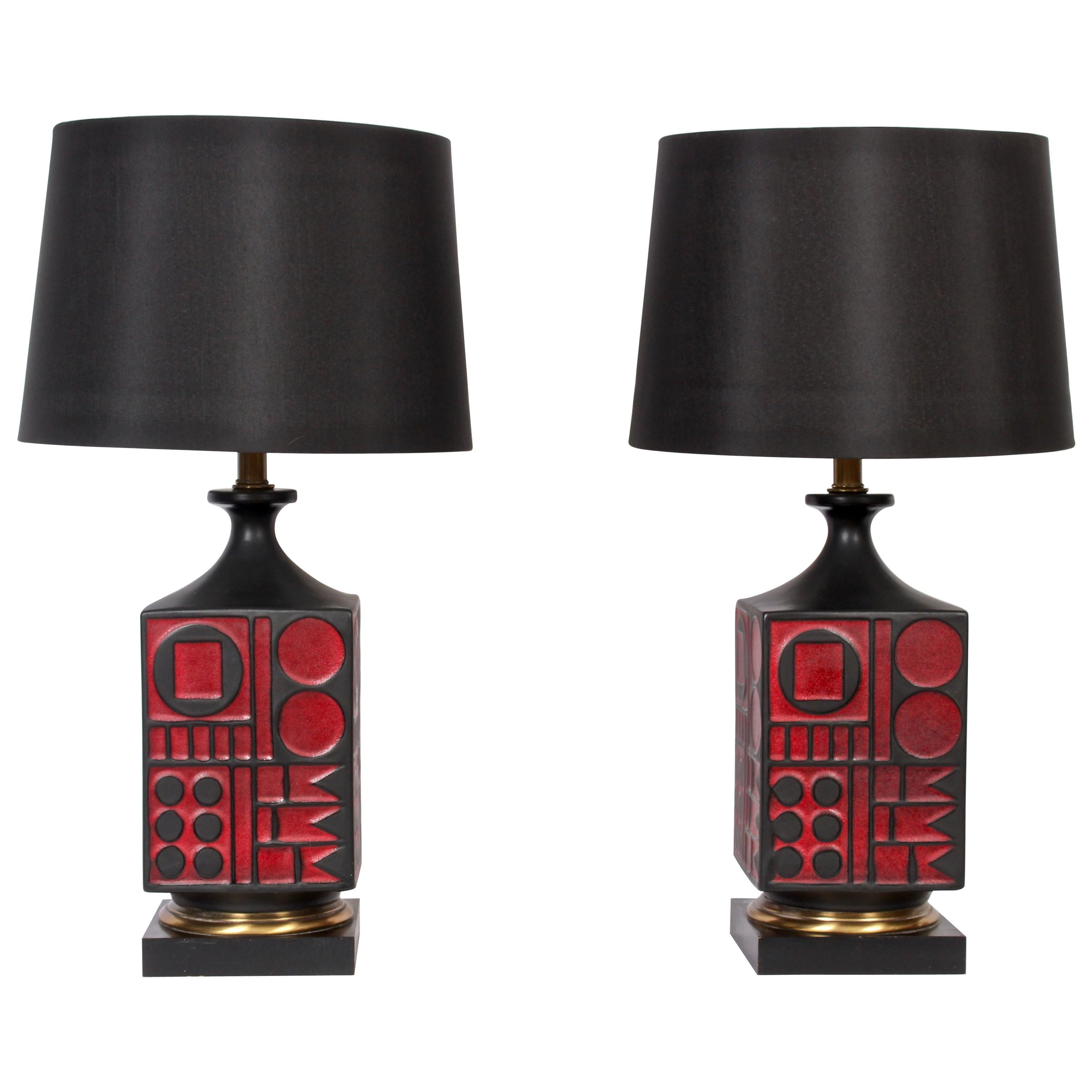 Pair of Westwood Studios Black and Red Geometric Imprint Ceramic Lamps, 1950s