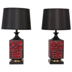 Pair of Westwood Studios Black and Red Geometric Imprint Ceramic Lamps, 1950s