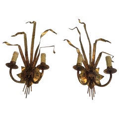 Pair of Wheat Gild Metal Wall Sconces